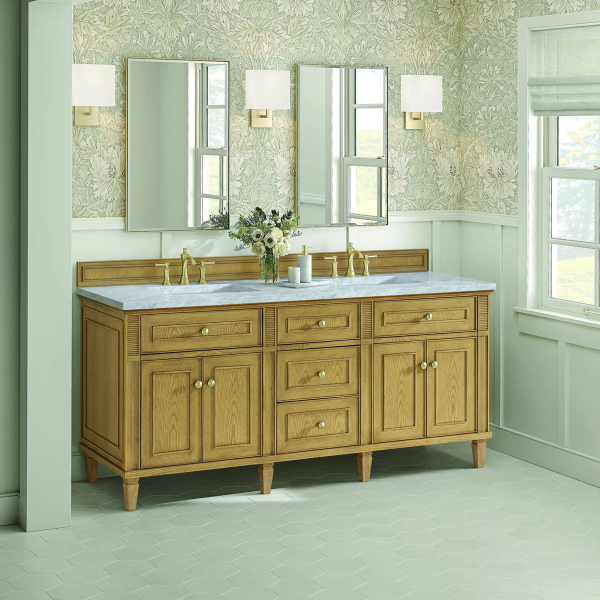 72 Lorelai Double Vanity In Light Natural Oak Standard Carrara White Marble 8 Widespread 4