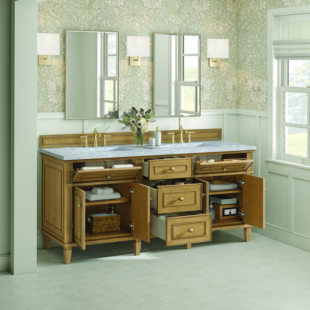 72 Lorelai Double Vanity In Light Natural Oak Standard Carrara White Marble 8 Widespread 5