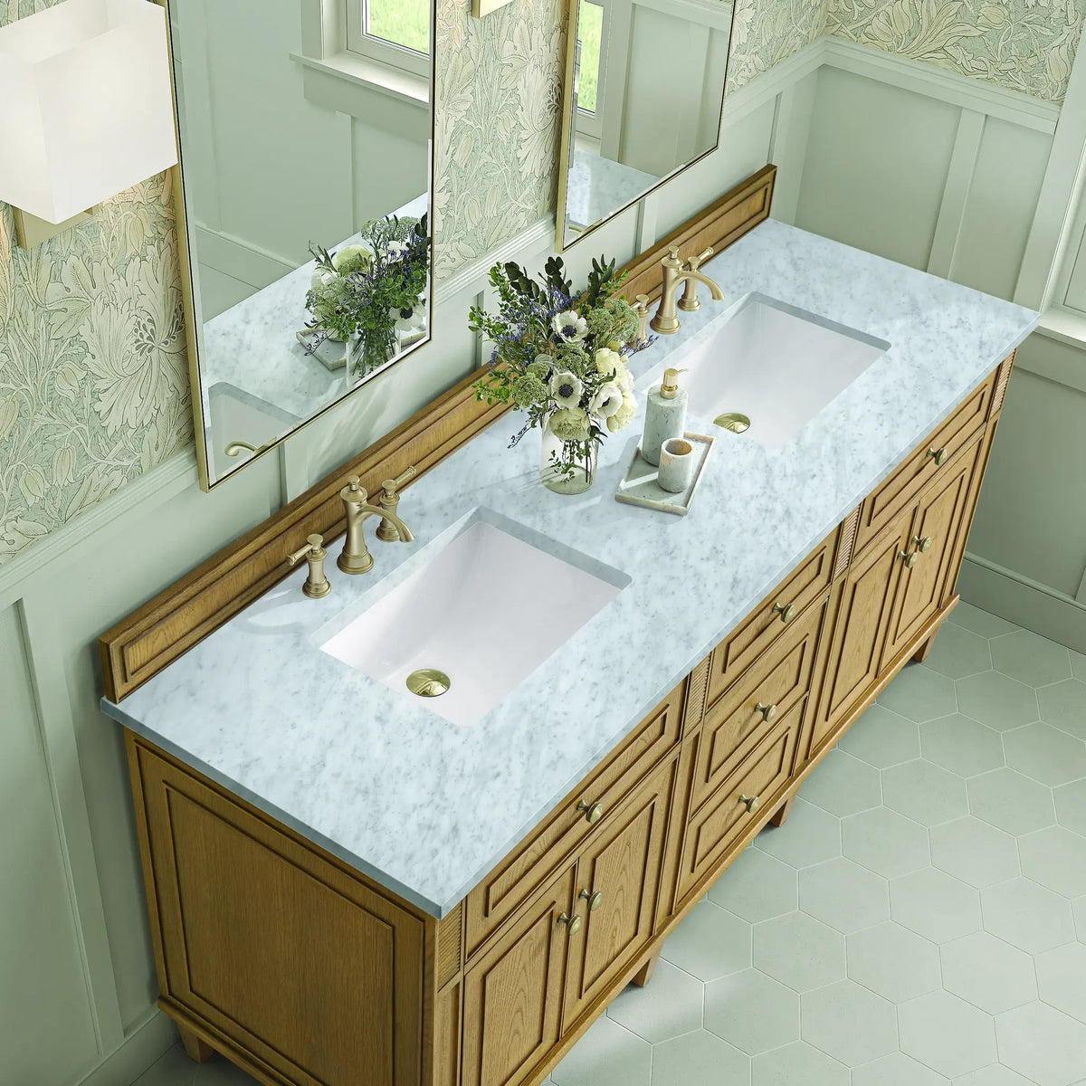 72 Lorelai Double Vanity In Light Natural Oak Standard Carrara White Marble 8 Widespread 7