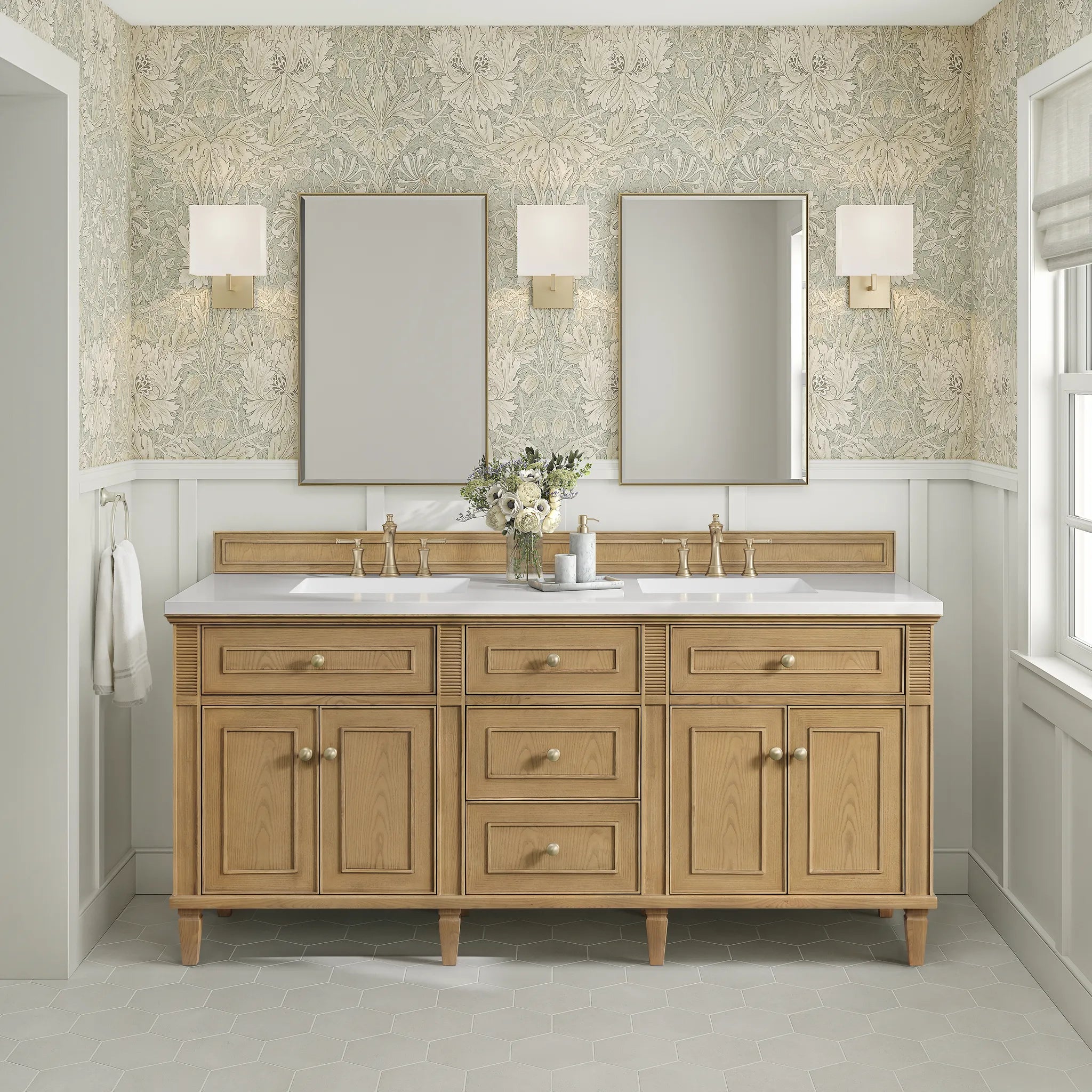 72" Lorelai Double Vanity in Light Natural Oak-White Zeus Silestone-8" Widespread image 2