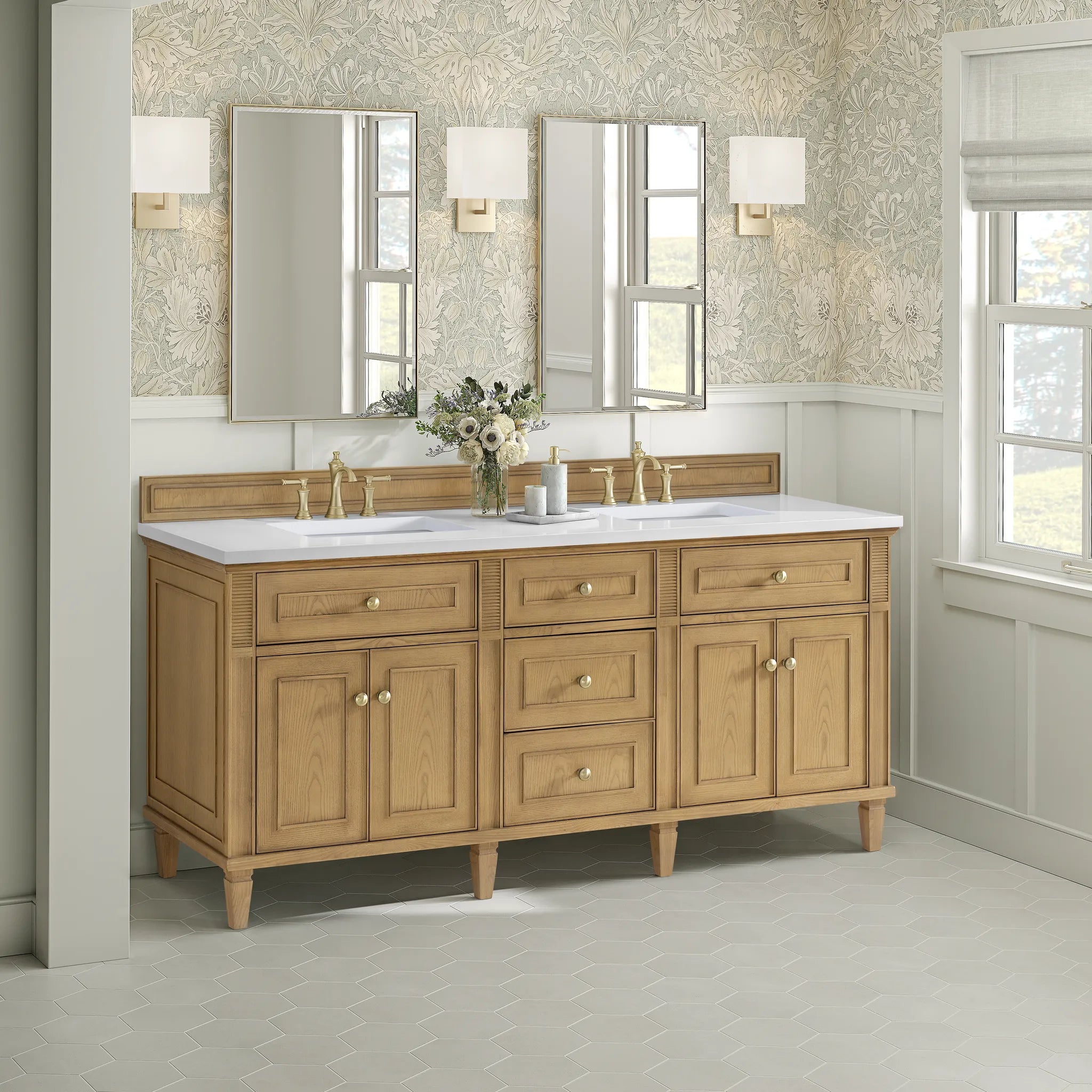 72" Lorelai Double Vanity in Light Natural Oak-White Zeus Silestone-8" Widespread image 3