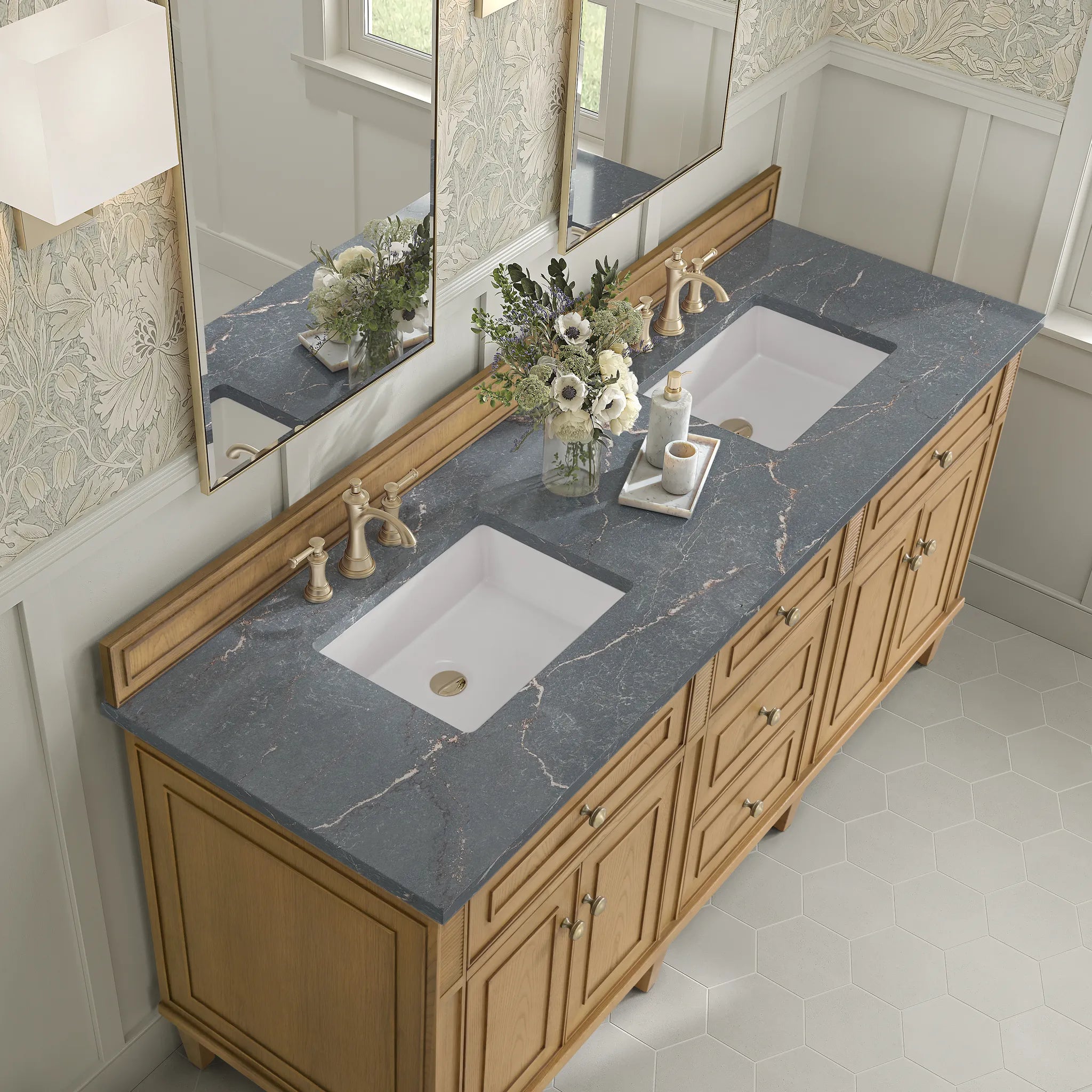 72" Lorelai Double Vanity in Light Natural Oak-White Zeus Silestone-8" Widespread image 6