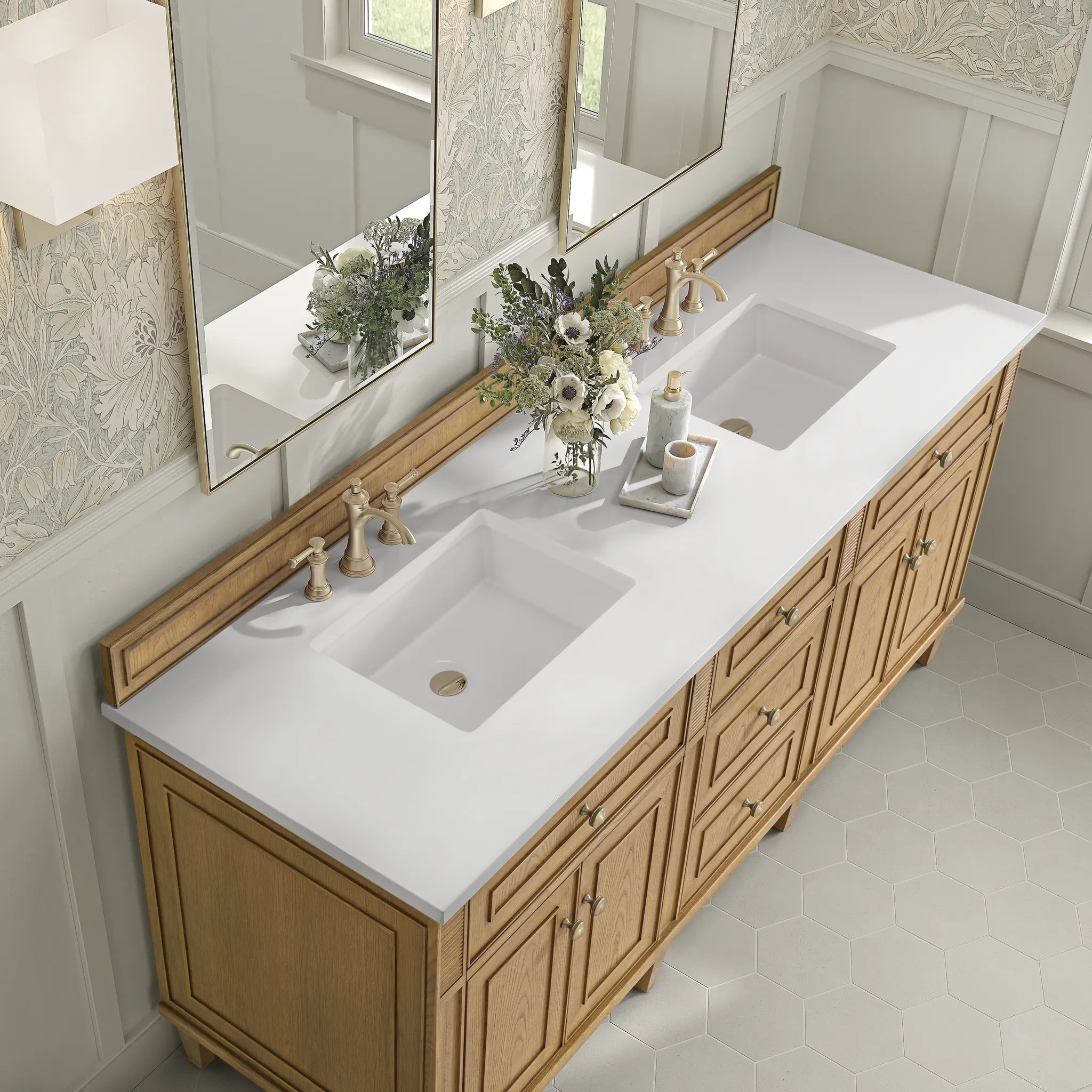 72" Lorelai Double Vanity in Light Natural Oak-White Zeus Silestone-8" Widespread image 8