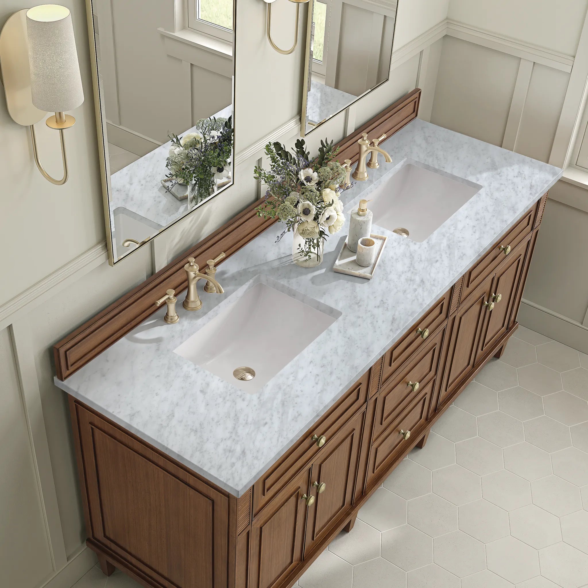 72" Lorelai Double Vanity in Mid-Century Walnut-Carrara White Marble-8" Widespread image 6