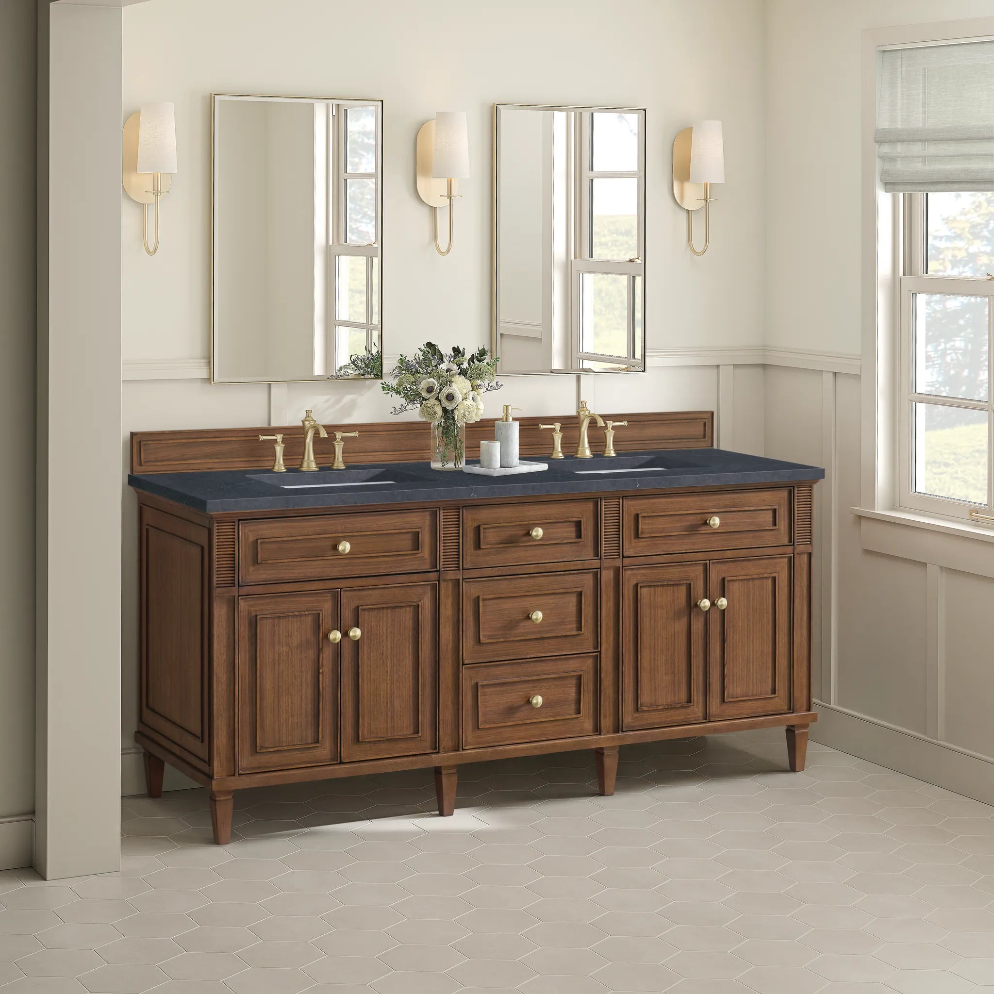 72" Lorelai Double Vanity in Mid-Century Walnut-Charcoal Soapstone Silestone-8" Widespread image 3