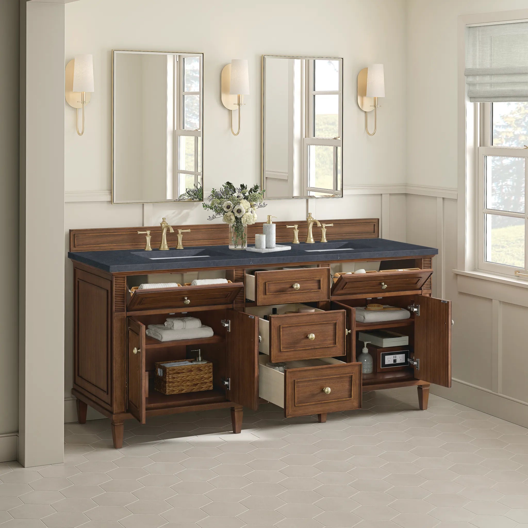 72" Lorelai Double Vanity in Mid-Century Walnut-Charcoal Soapstone Silestone-8" Widespread image 4