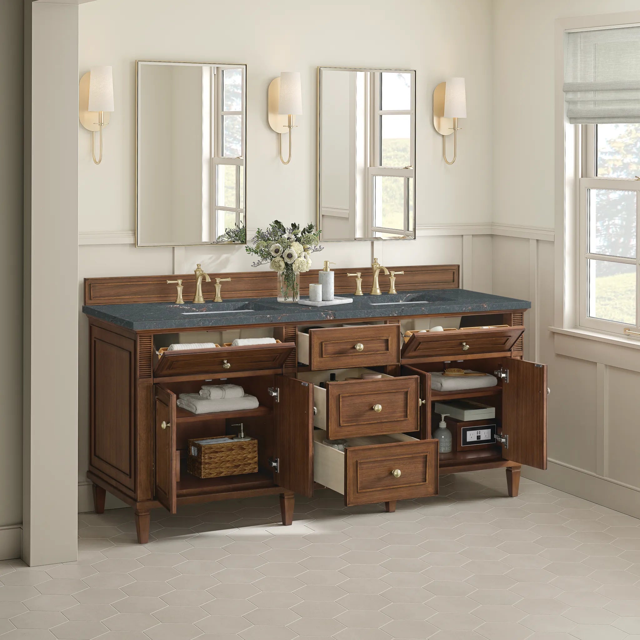 72" Lorelai Double Vanity in Mid-Century Walnut-Parisien Bleu Silestone-8" Widespread image 4