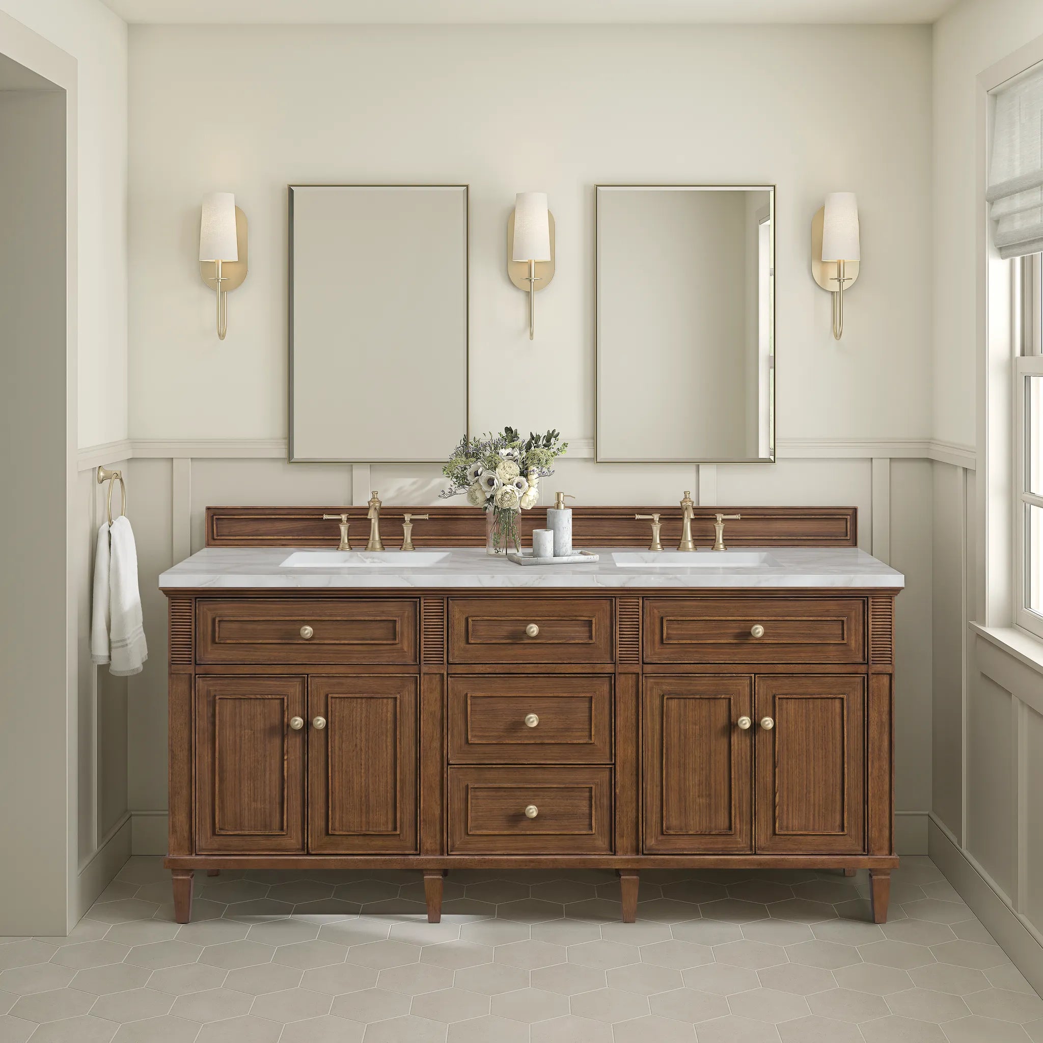 72" Lorelai Double Vanity in Mid-Century Walnut-Victorian Silver Silestone-8" Widespread image 2