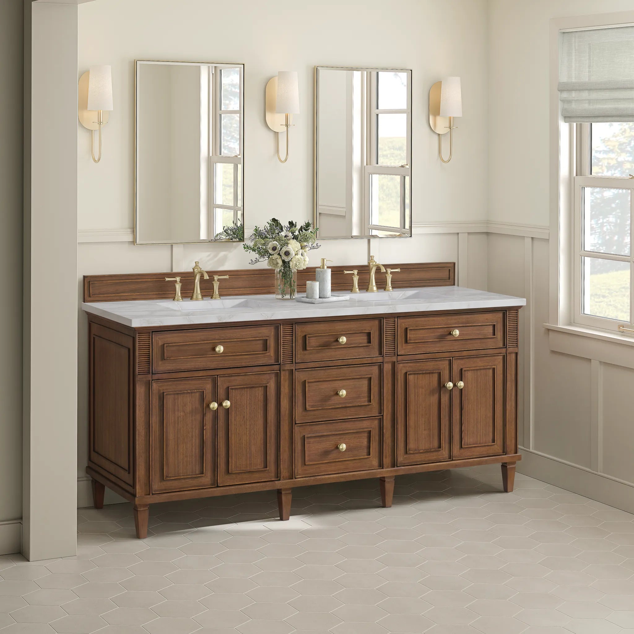 72" Lorelai Double Vanity in Mid-Century Walnut-Victorian Silver Silestone-8" Widespread image 3
