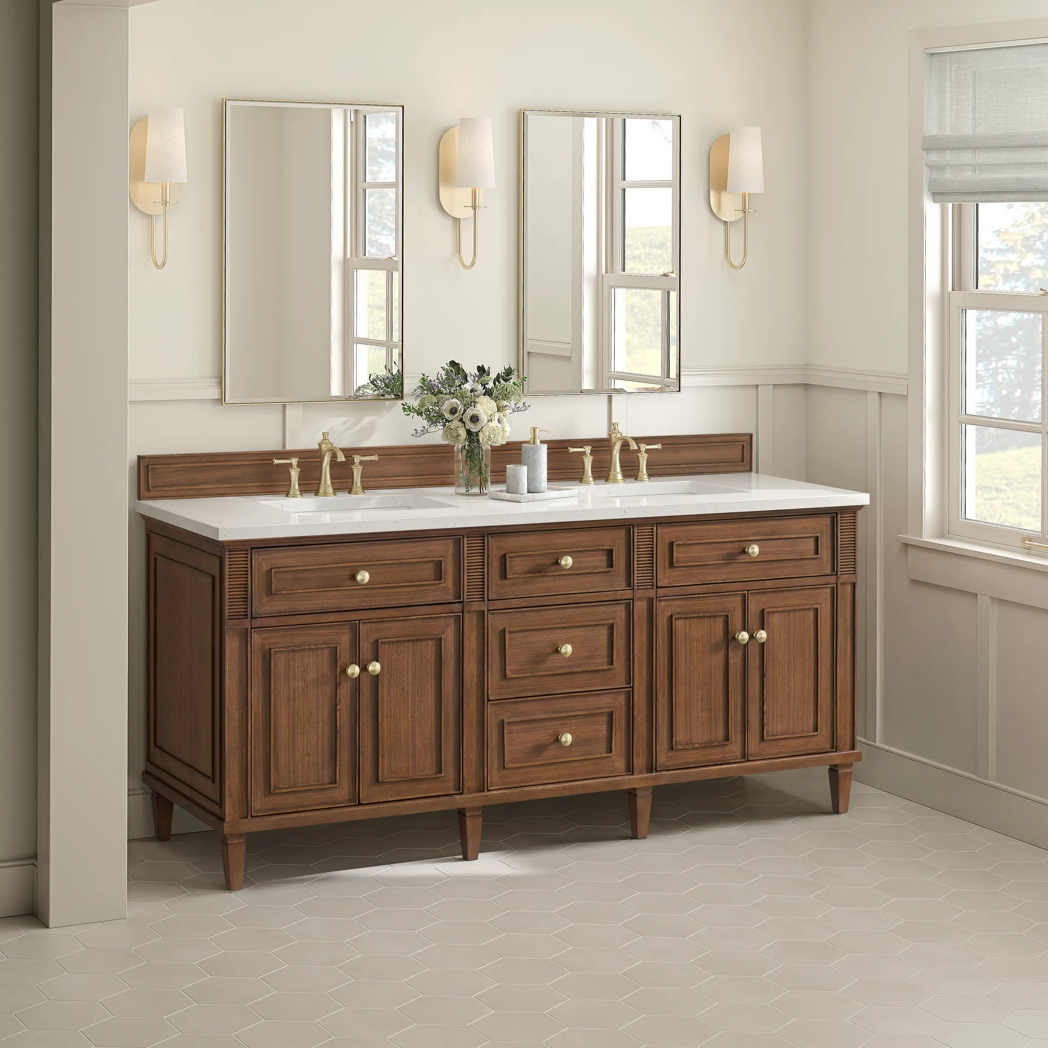 72" Lorelai Double Vanity in Mid-Century Walnut-White Zeus Silestone-8" Widespread image 3