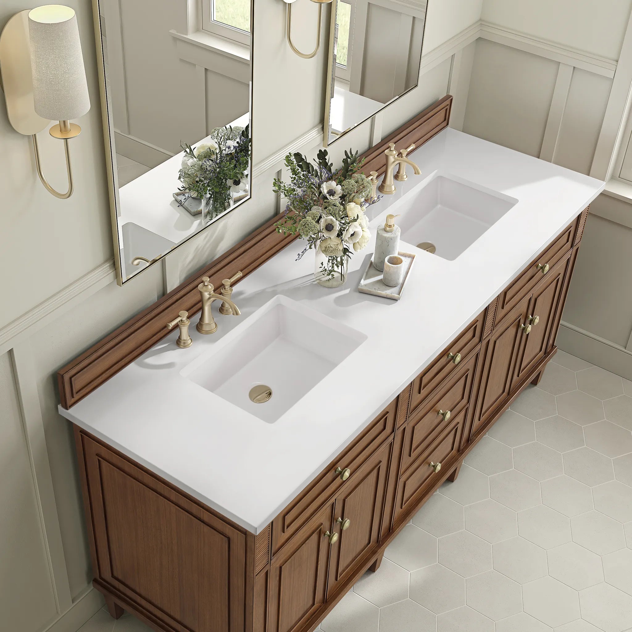 72" Lorelai Double Vanity in Mid-Century Walnut-White Zeus Silestone-8" Widespread image 6
