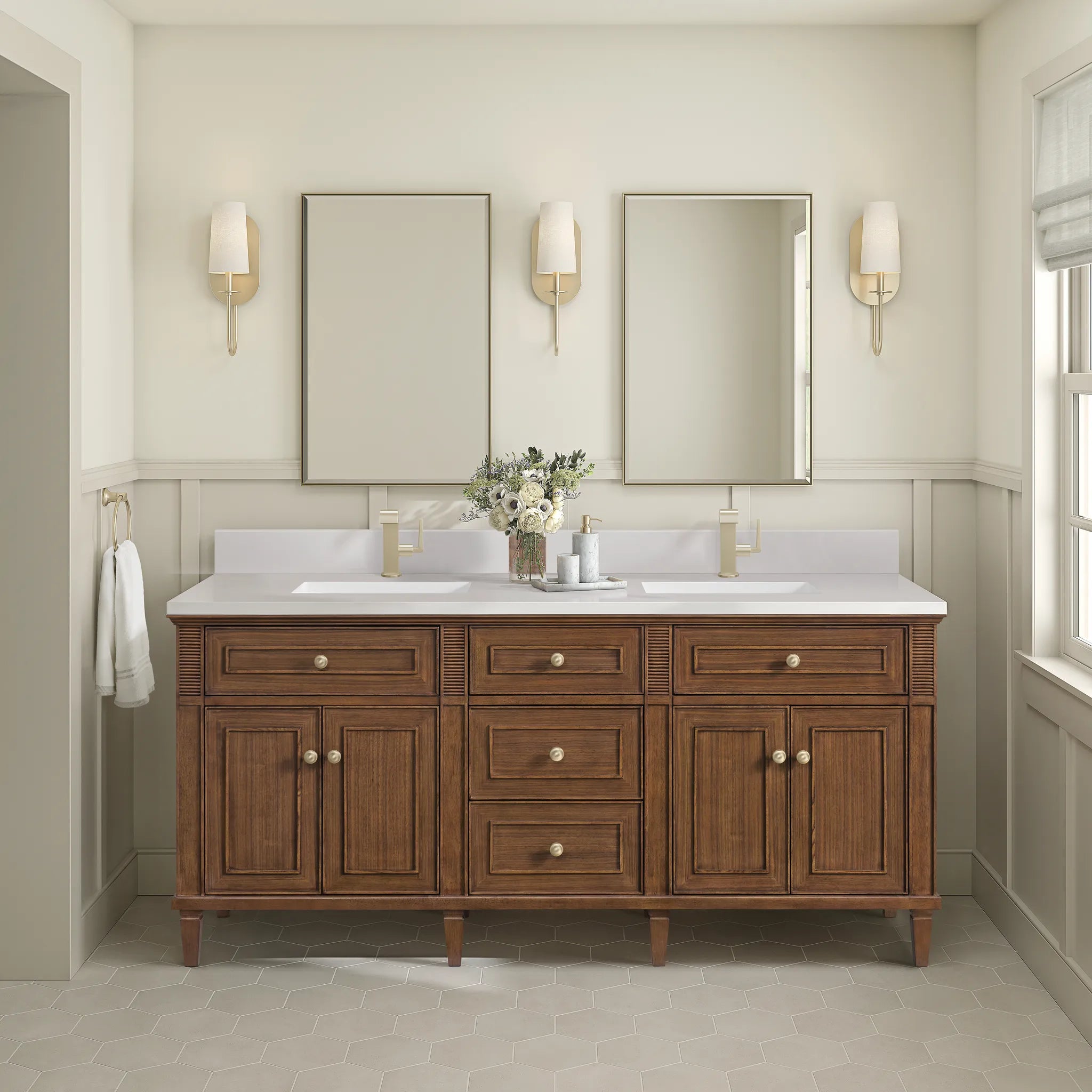 72" Lorelai Double Vanity in Mid-Century Walnut-White Zeus Silestone & Backsplash-Single Hole image 1