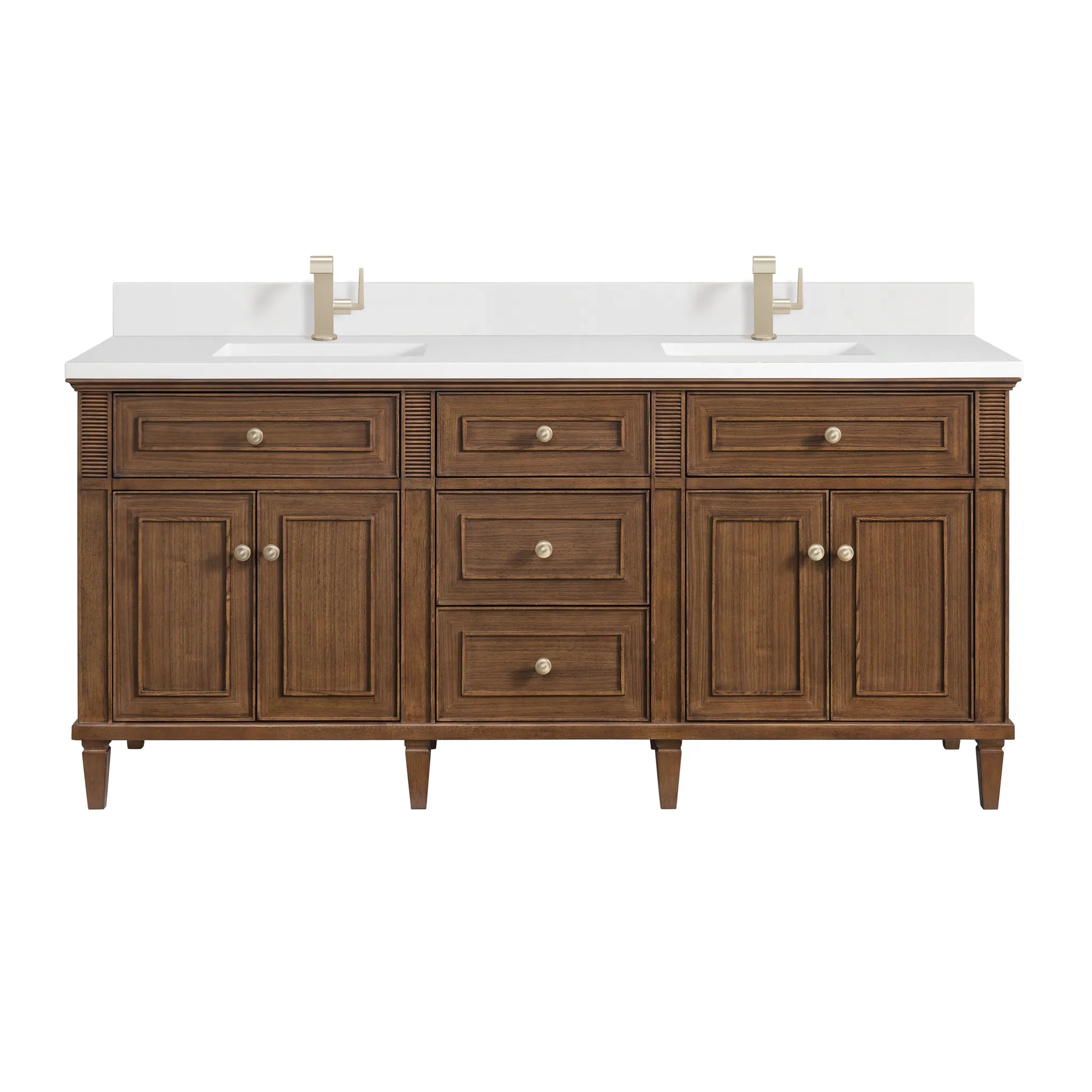 72" Lorelai Double Vanity in Mid-Century Walnut-White Zeus Silestone & Backsplash-Single Hole image