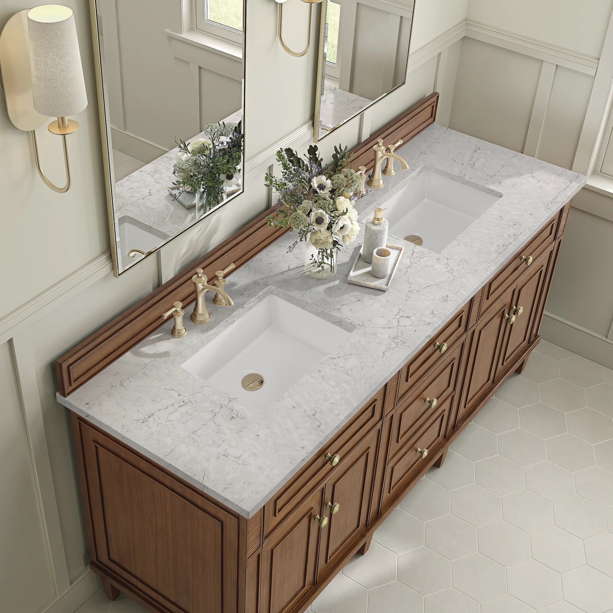 72" Lorelai Double Vanity in Mid-Century Walnut Wireless Charger-Eternal Jasmine Pearl Silestone-8" Widespread image 9