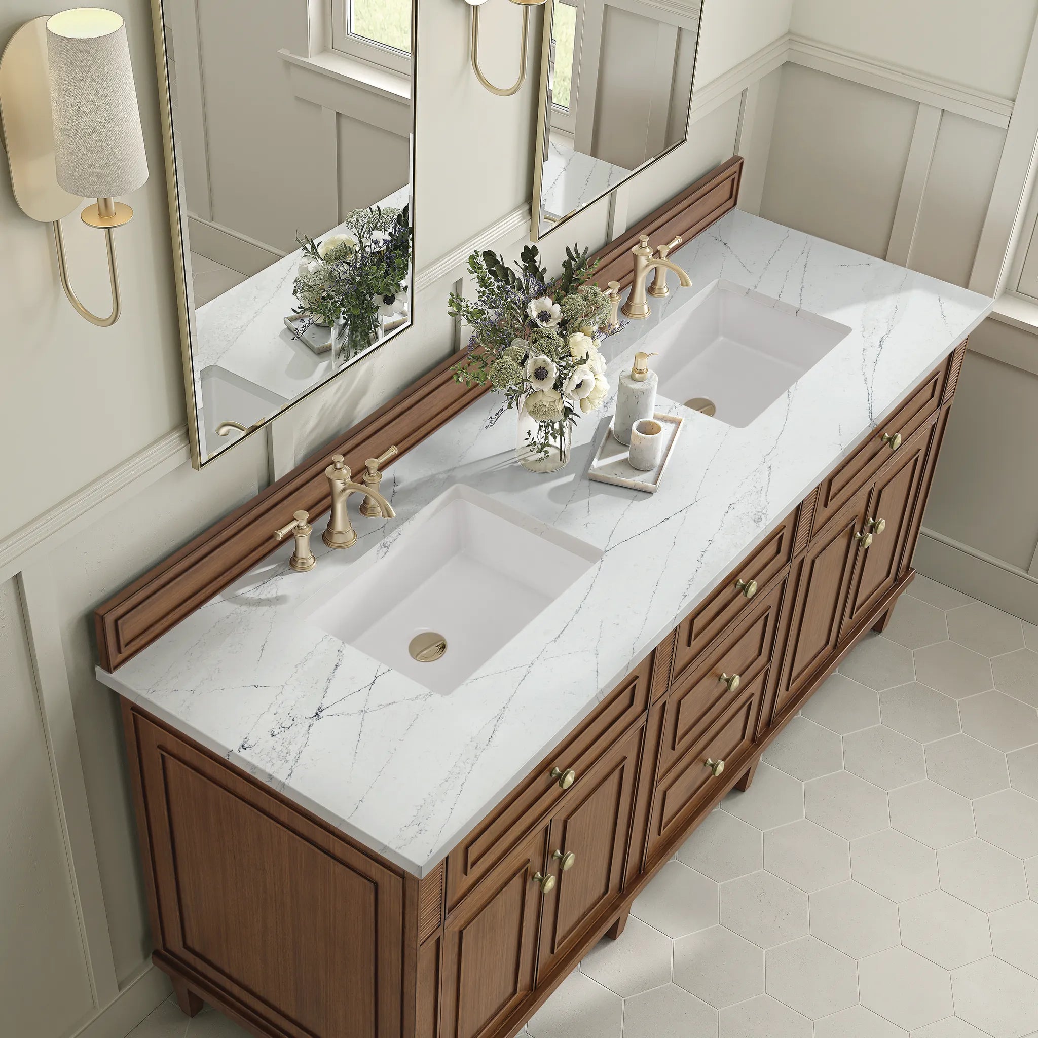 72" Lorelai Double Vanity in Mid-Century Walnut Wireless Charger-Ethereal Noctis Silestone-8" Widespread image 9