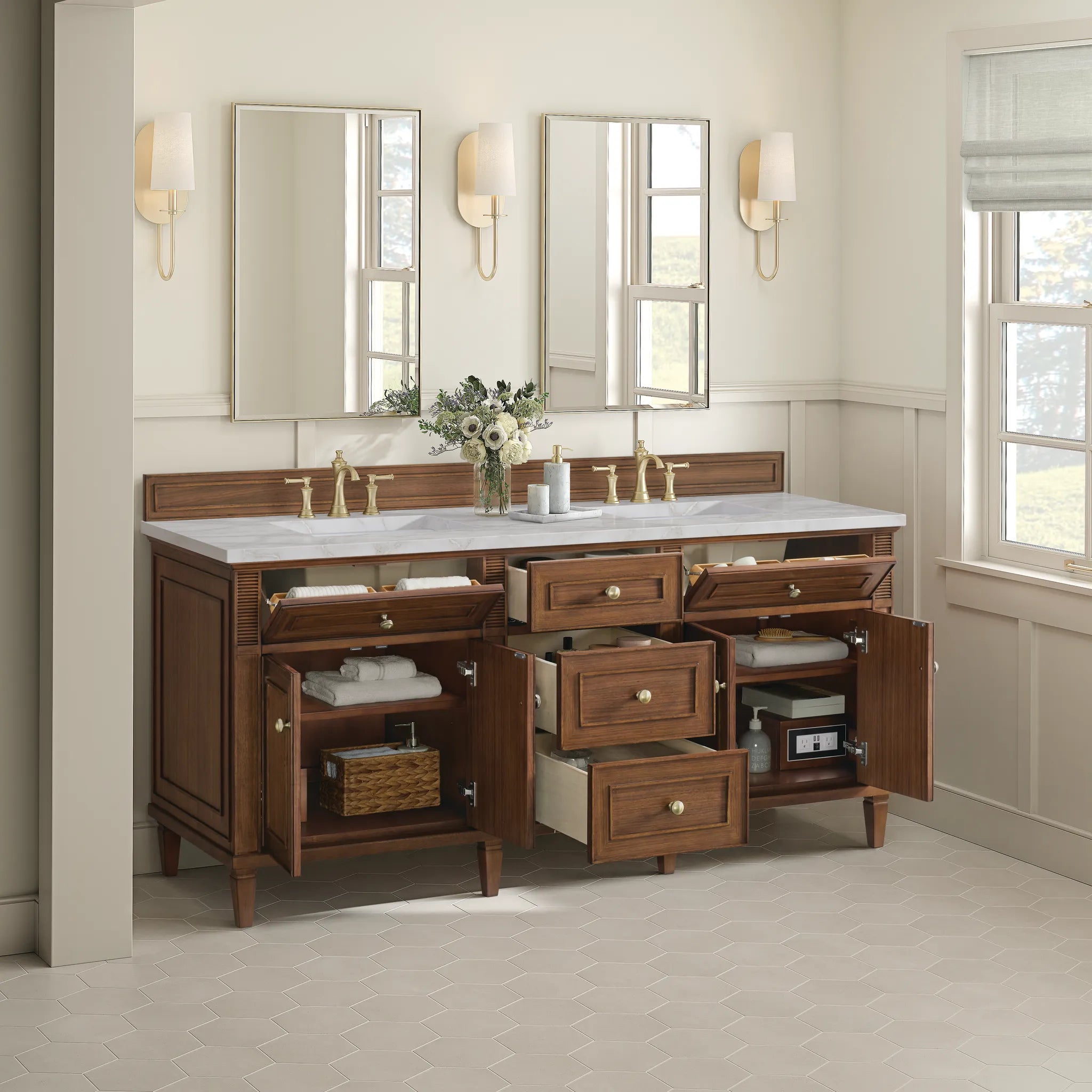 72" Lorelai Double Vanity in Mid-Century Walnut Wireless Charger-Victorian Silver Silestone-8" Widespread image 7