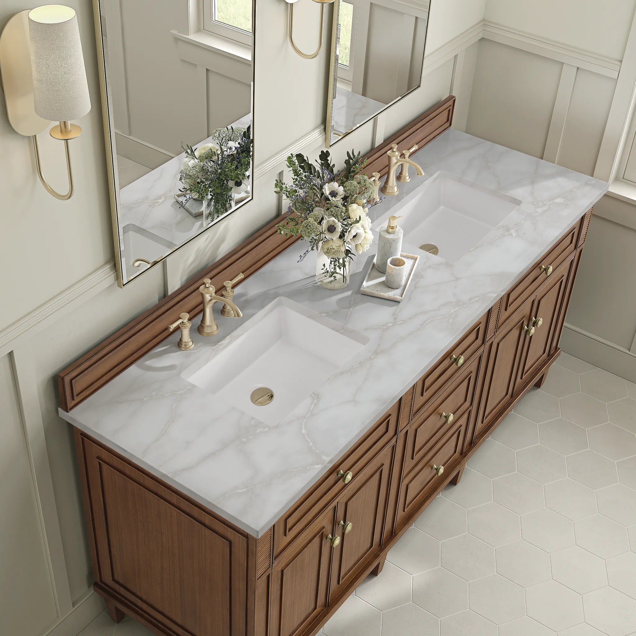 72" Lorelai Double Vanity in Mid-Century Walnut Wireless Charger-Victorian Silver Silestone-8" Widespread image 9