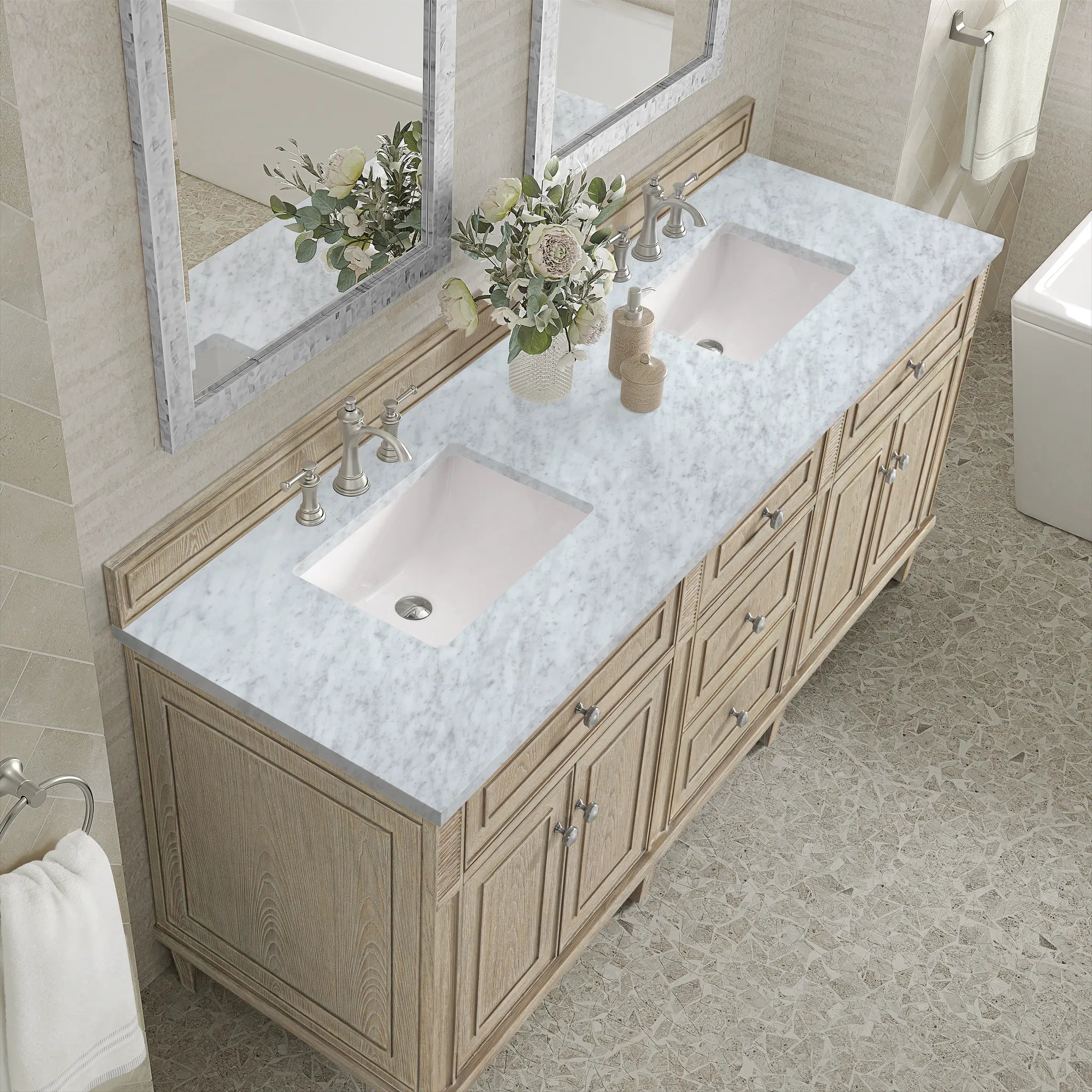 72" Lorelai Double Vanity in Whitewashed Oak-Carrara White Marble-8" Widespread image 6