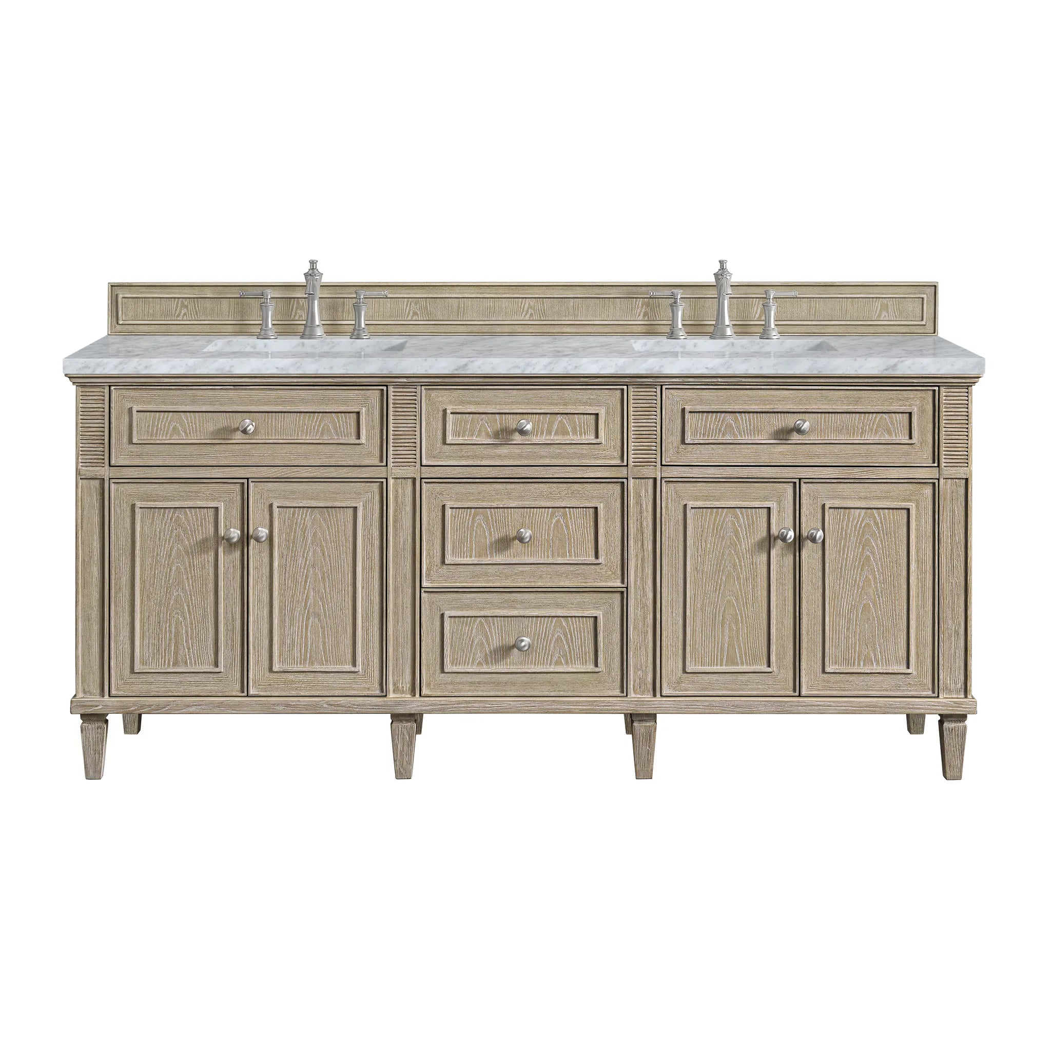 72" Lorelai Double Vanity in Whitewashed Oak-Carrara White Marble-8" Widespread image