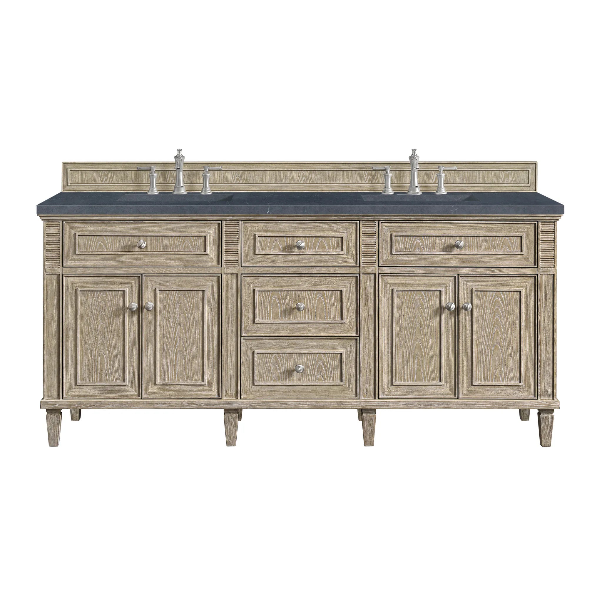 72" Lorelai Double Vanity in Whitewashed Oak-Charcoal Soapstone Silestone-8" Widespread image