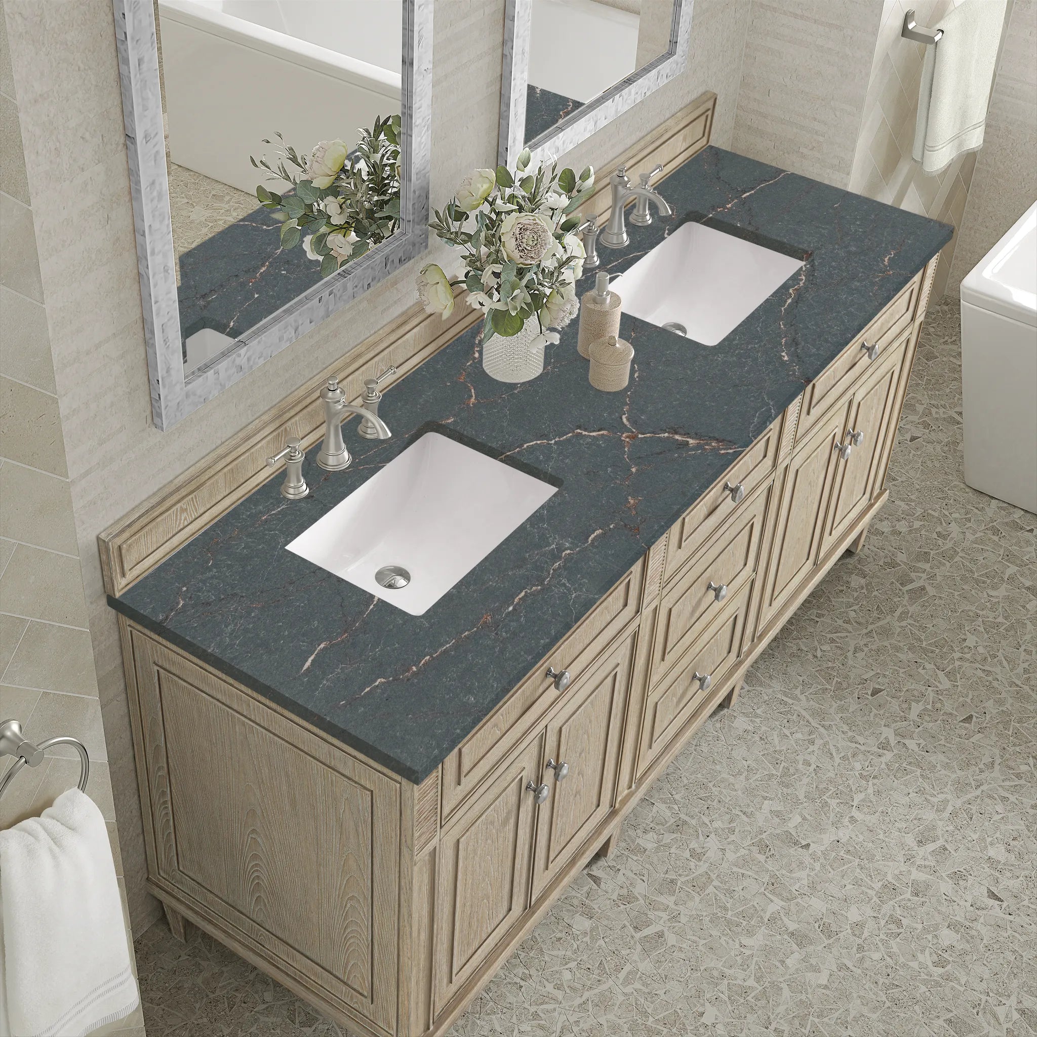 72" Lorelai Double Vanity in Whitewashed Oak-Parisien Bleu Silestone-8" Widespread image 6