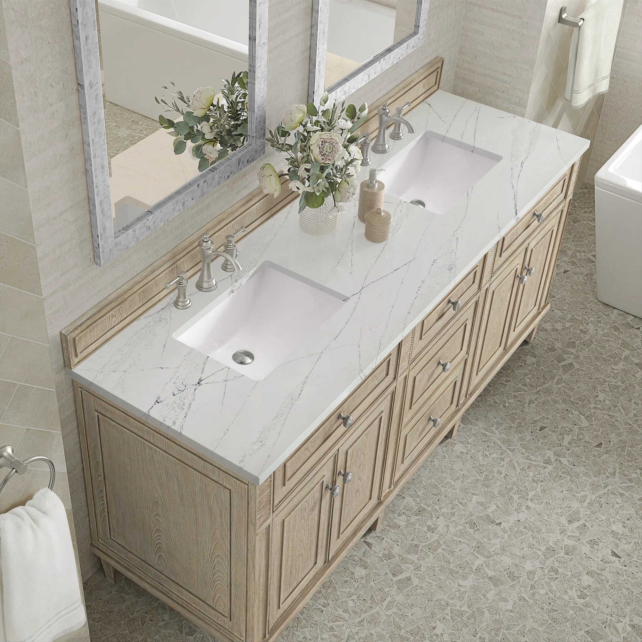 72" Lorelai Double Vanity in Whitewashed Oak w/FreePower Wireless Charger-Ethereal Noctis Silestone-8" Widespread image 9