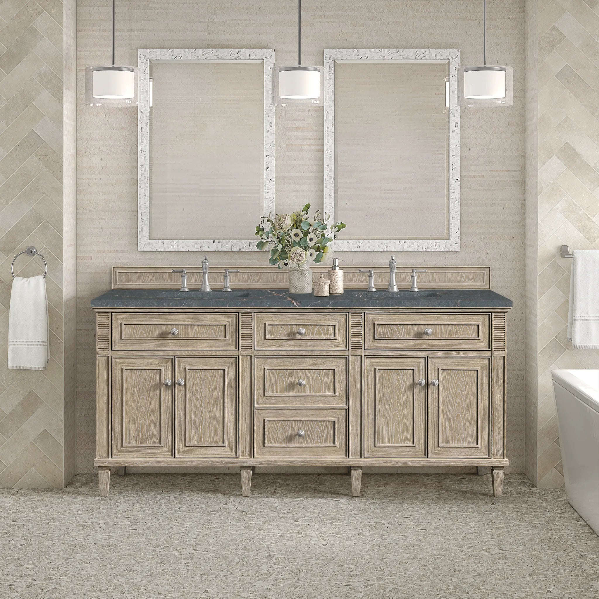 72" Lorelai Double Vanity in Whitewashed Oak w/FreePower Wireless Charger-Parisien Bleu Silestone-8" Widespread image 5