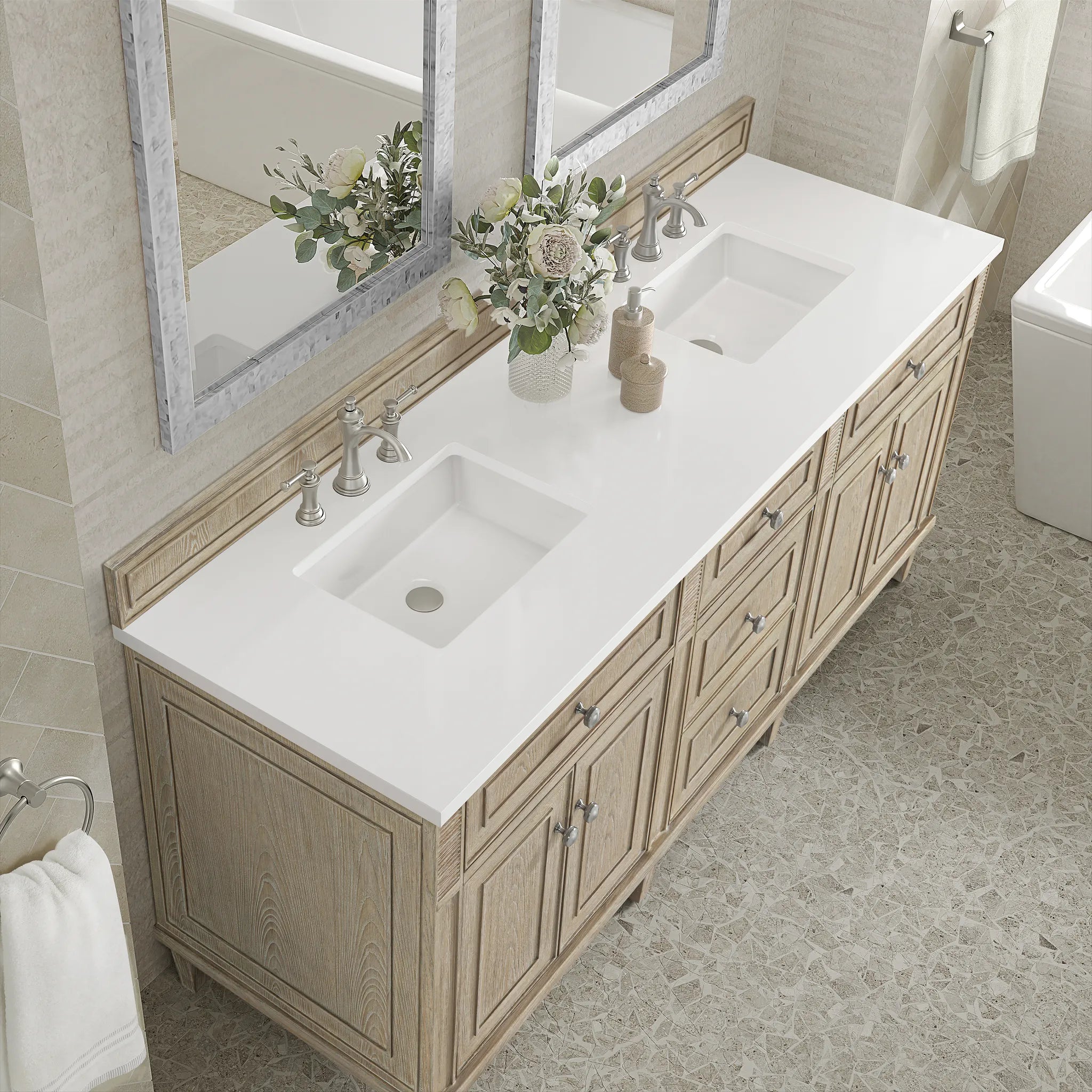 72" Lorelai Double Vanity in Whitewashed Oak-White Zeus Silestone-8" Widespread image 6