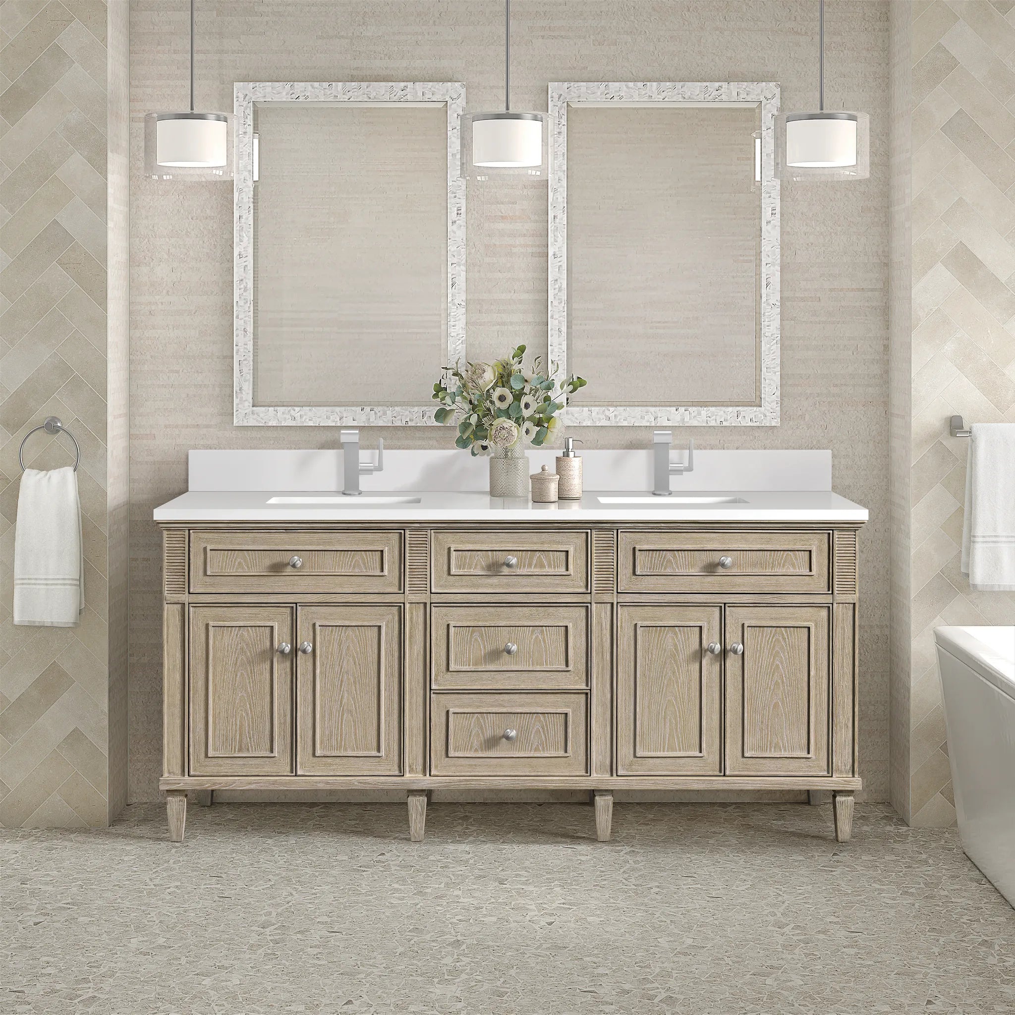 72" Lorelai Double Vanity in Whitewashed Oak-White Zeus Silestone & Backsplash-Single Hole image 1