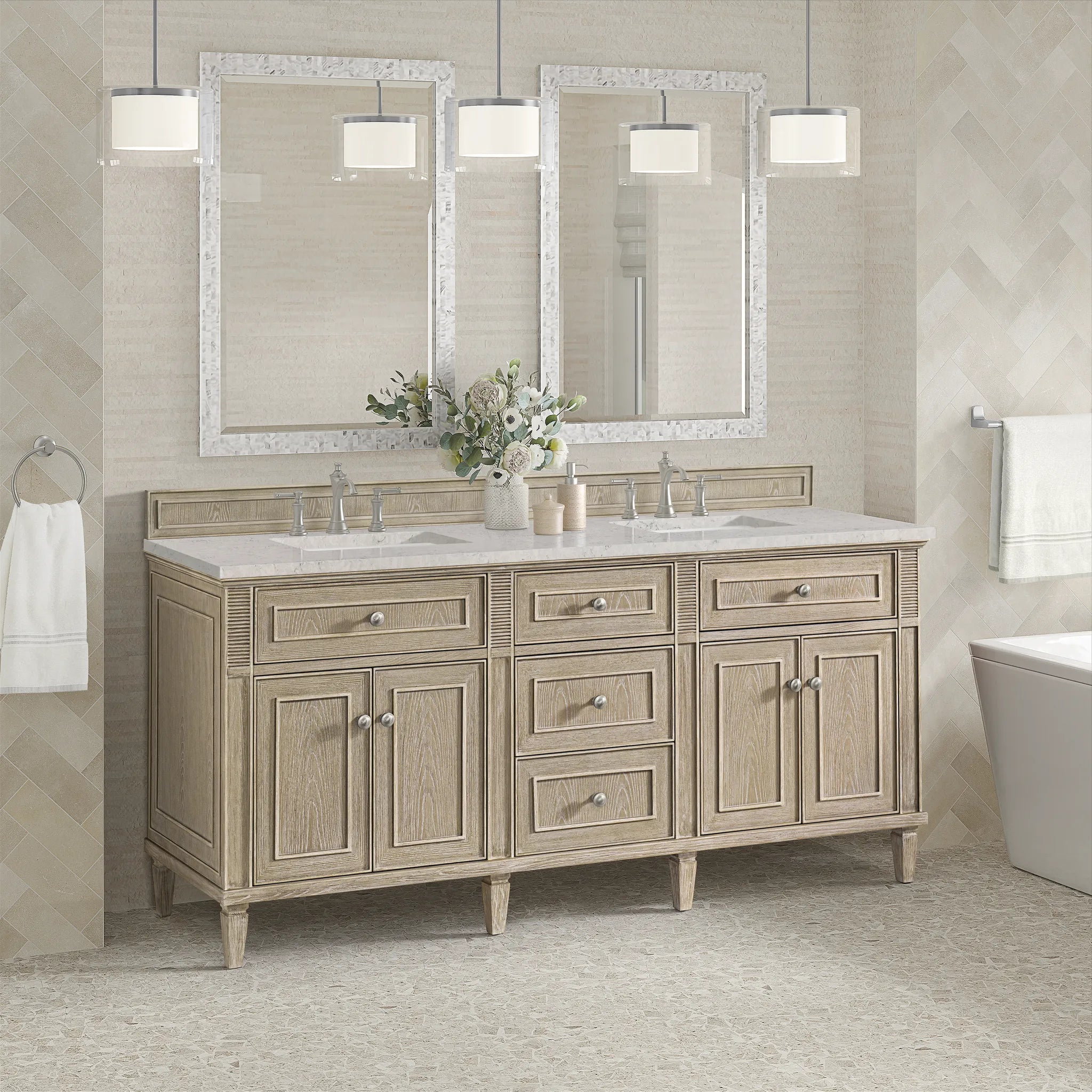 72" Lorelai Double Vanity in Whitewashed Oak Wireless Charger-Eternal Jasmine Pearl Silestone-8" Widespread image 6