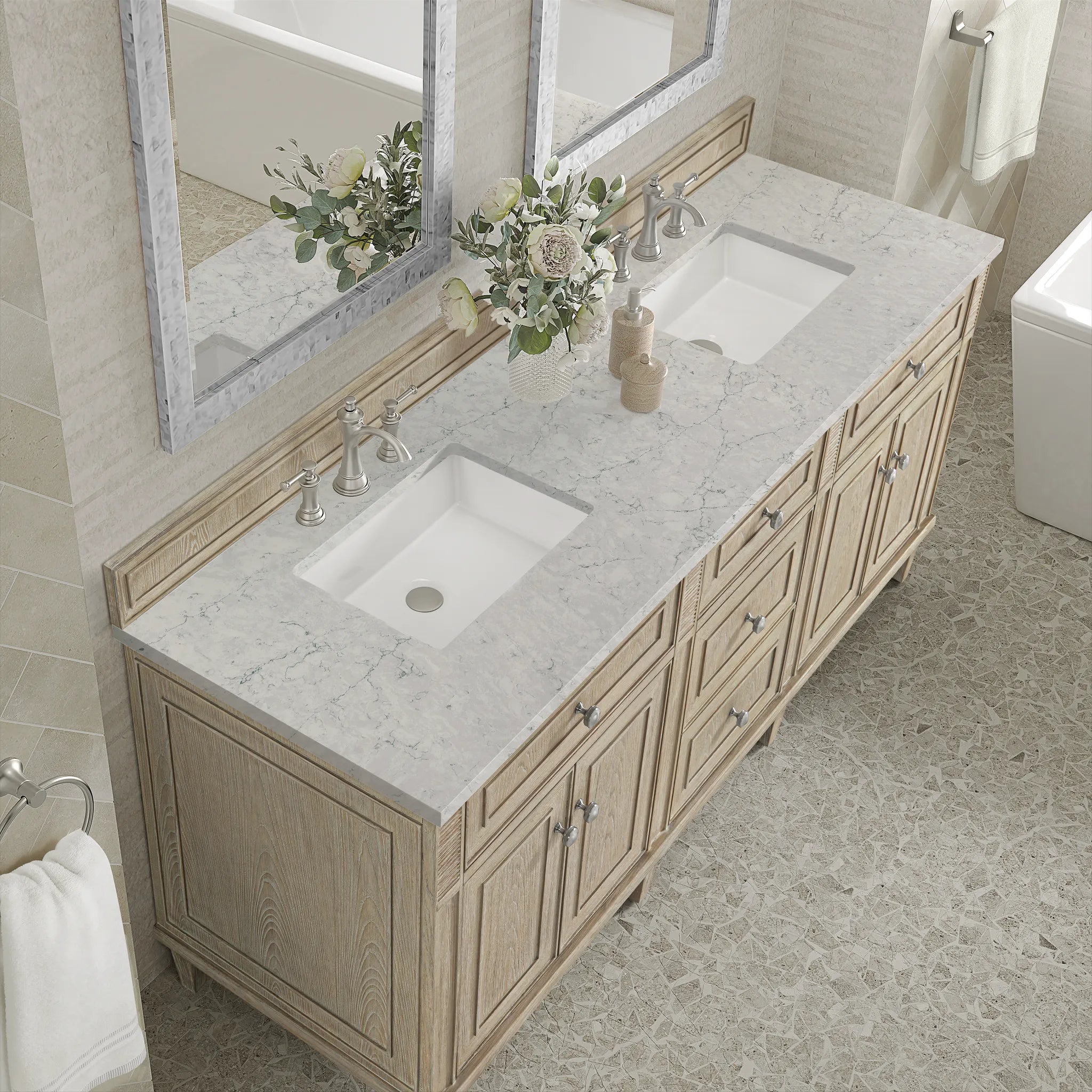 72" Lorelai Double Vanity in Whitewashed Oak Wireless Charger-Eternal Jasmine Pearl Silestone-8" Widespread image 9