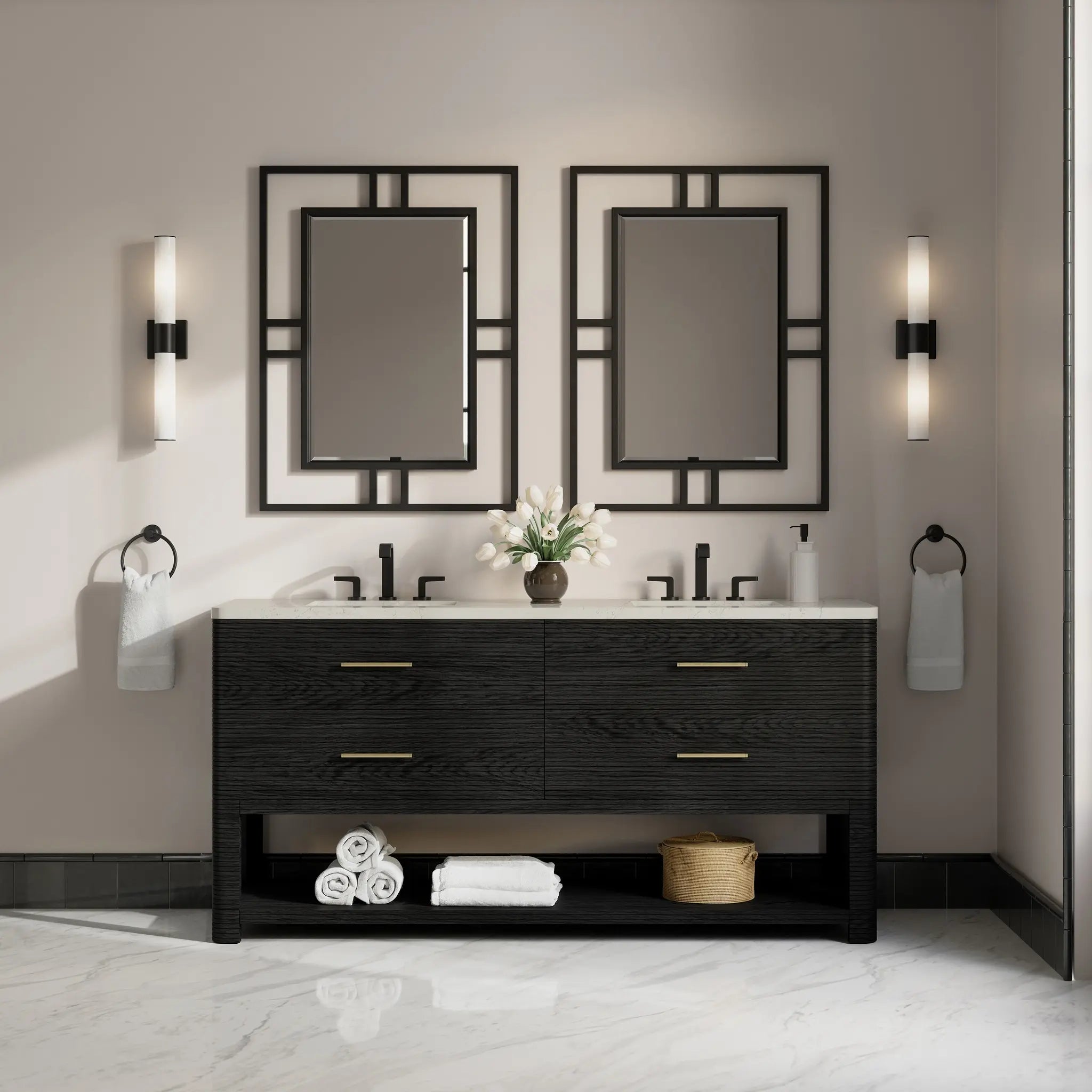 72 Lucian Double Vanity In Carbon Oak Power Enabled Siberian Silestone 8 Widespread 4
