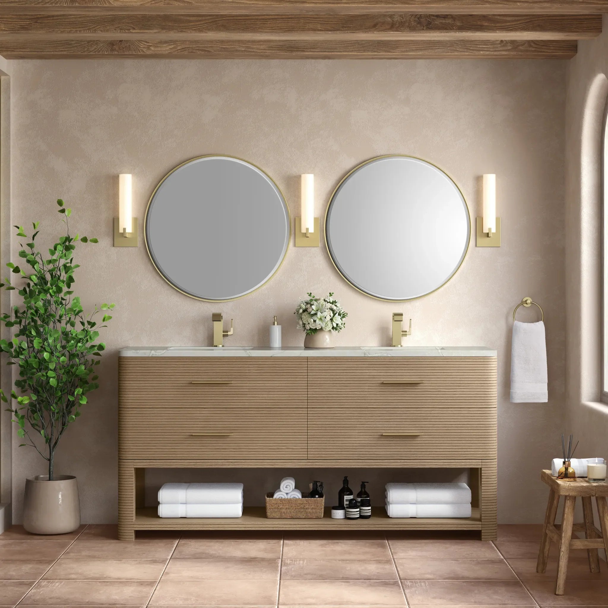 72" Lucian Double Vanity in Pebble Oak-Victorian Silver Silestone-Single Hole image 1