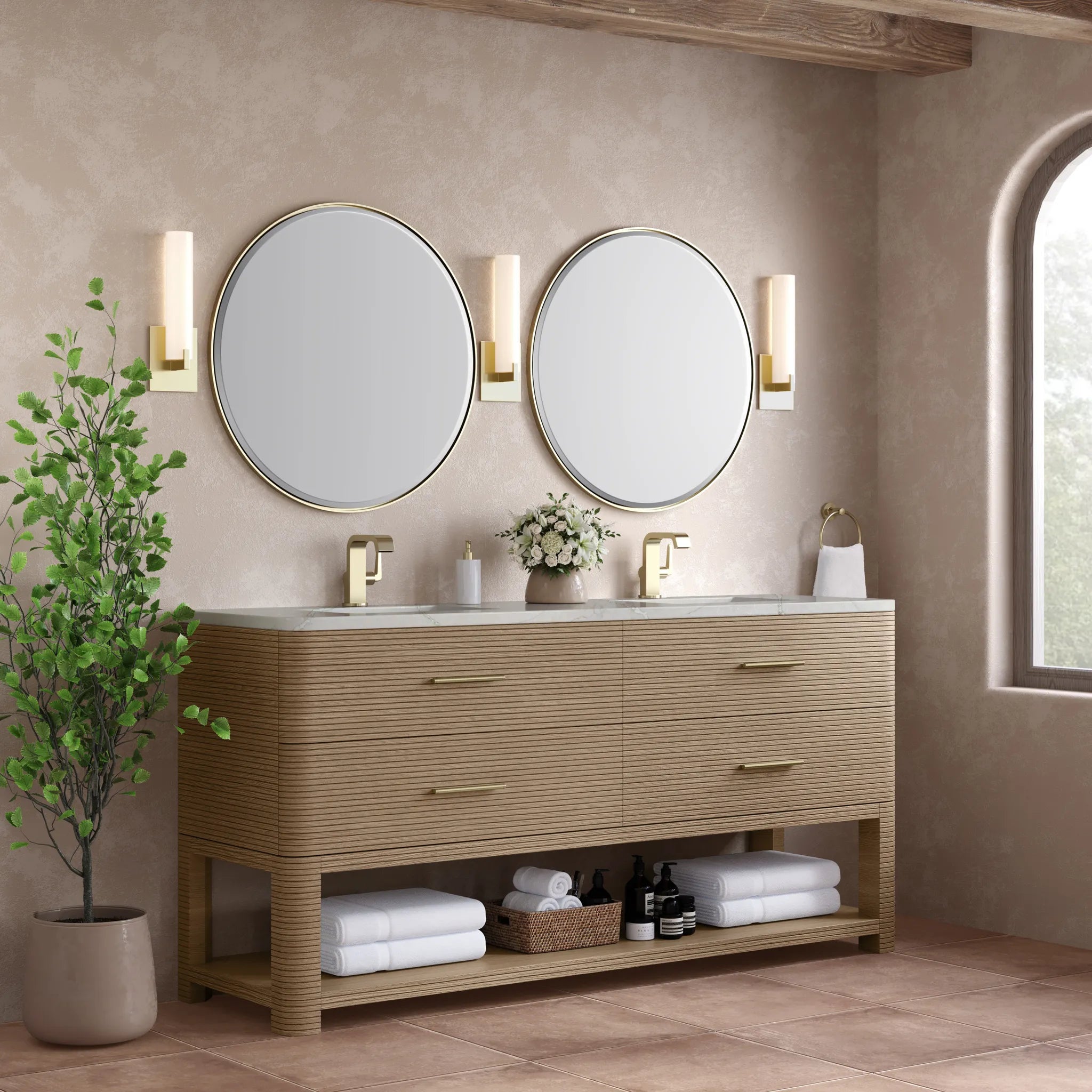 72" Lucian Double Vanity in Pebble Oak-Victorian Silver Silestone-Single Hole image 2