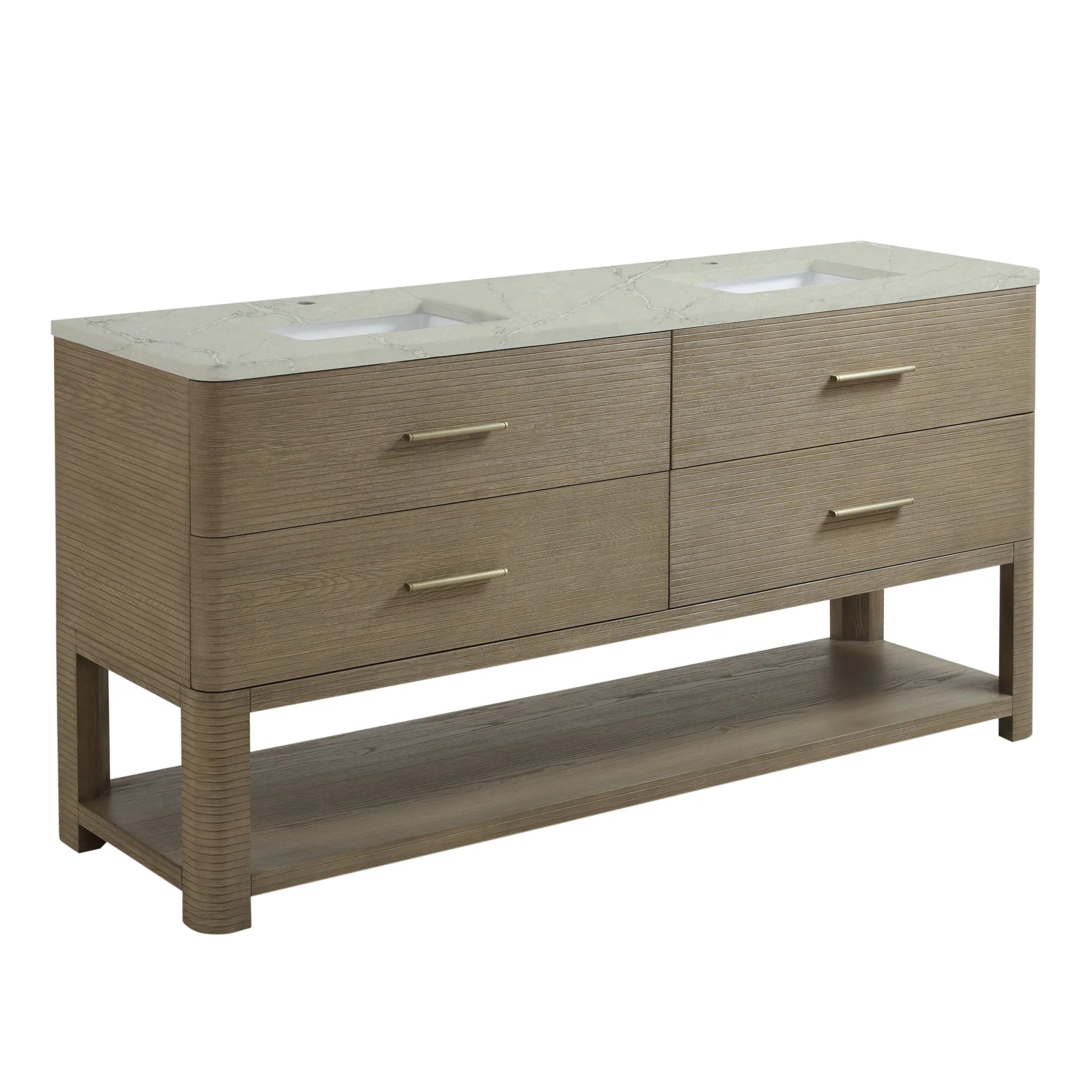 72" Lucian Double Vanity in Pebble Oak w/FreePower Wireless Charger-Victorian Silver Silestone-8" Widespread image 5