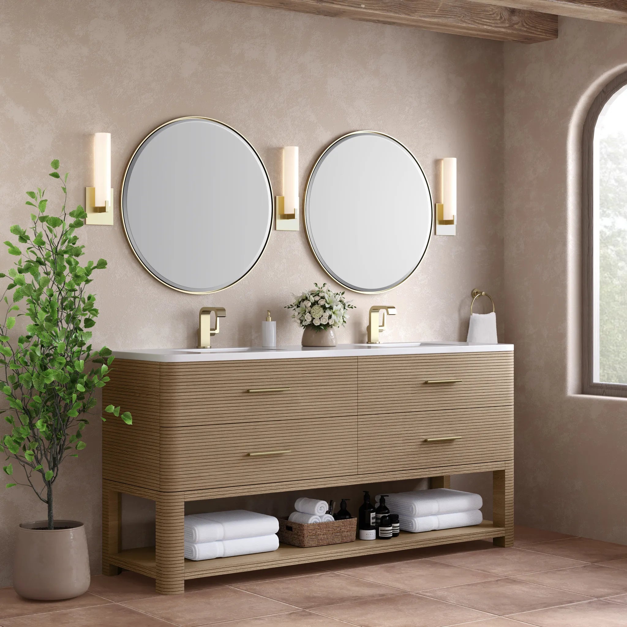 72" Lucian Double Vanity in Pebble Oak-White Zeus Silestone-Single Hole image 2