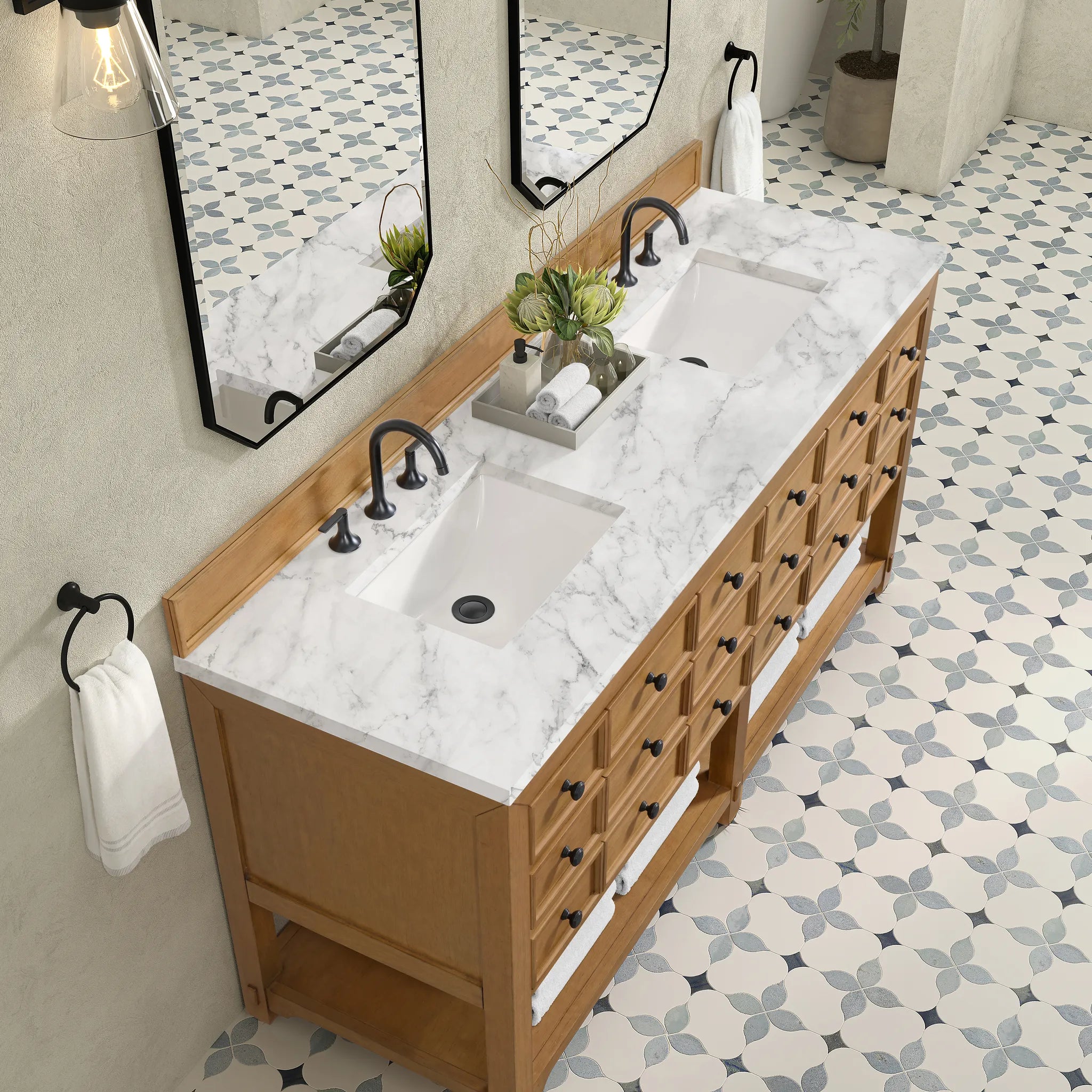 72" Malibu Double Vanity in Amber Birch-Carrara White Marble-8" Widespread image 6