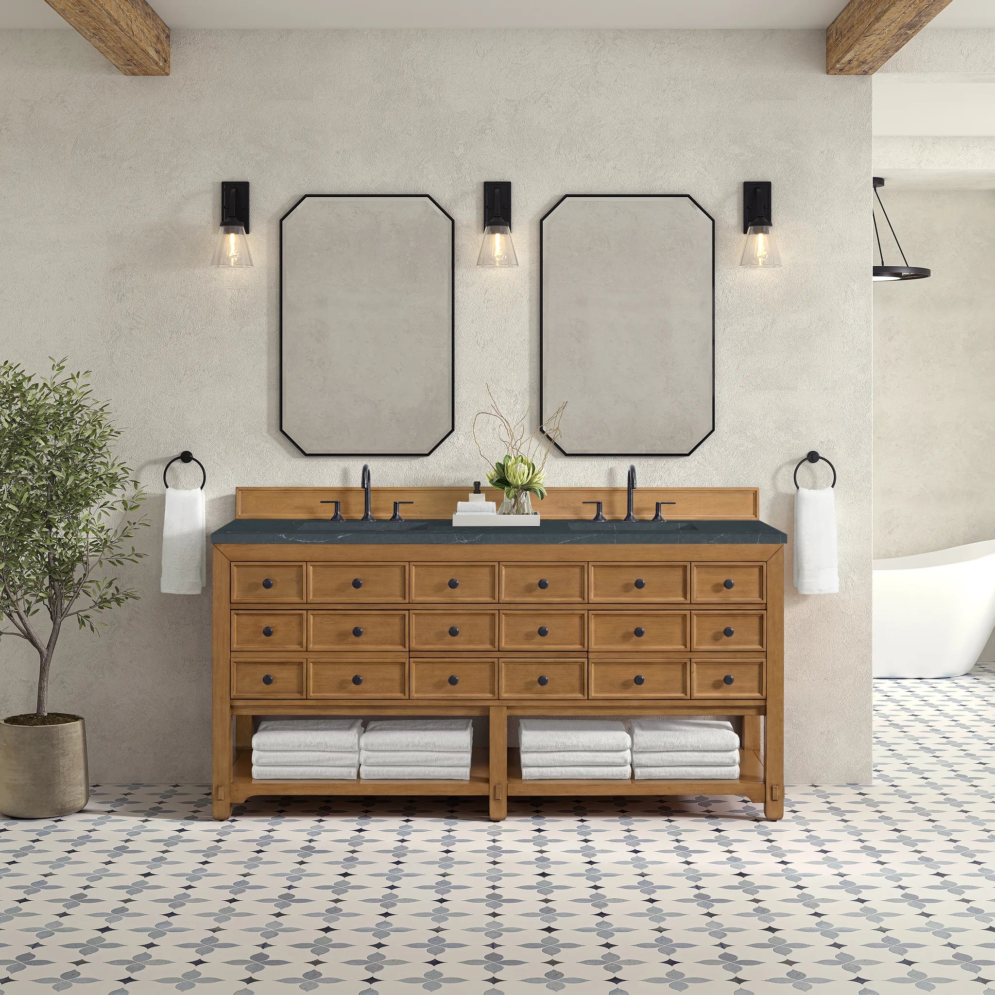 72" Malibu Double Vanity in Amber Birch-Charcoal Soapstone Silestone-8" Widespread image 2