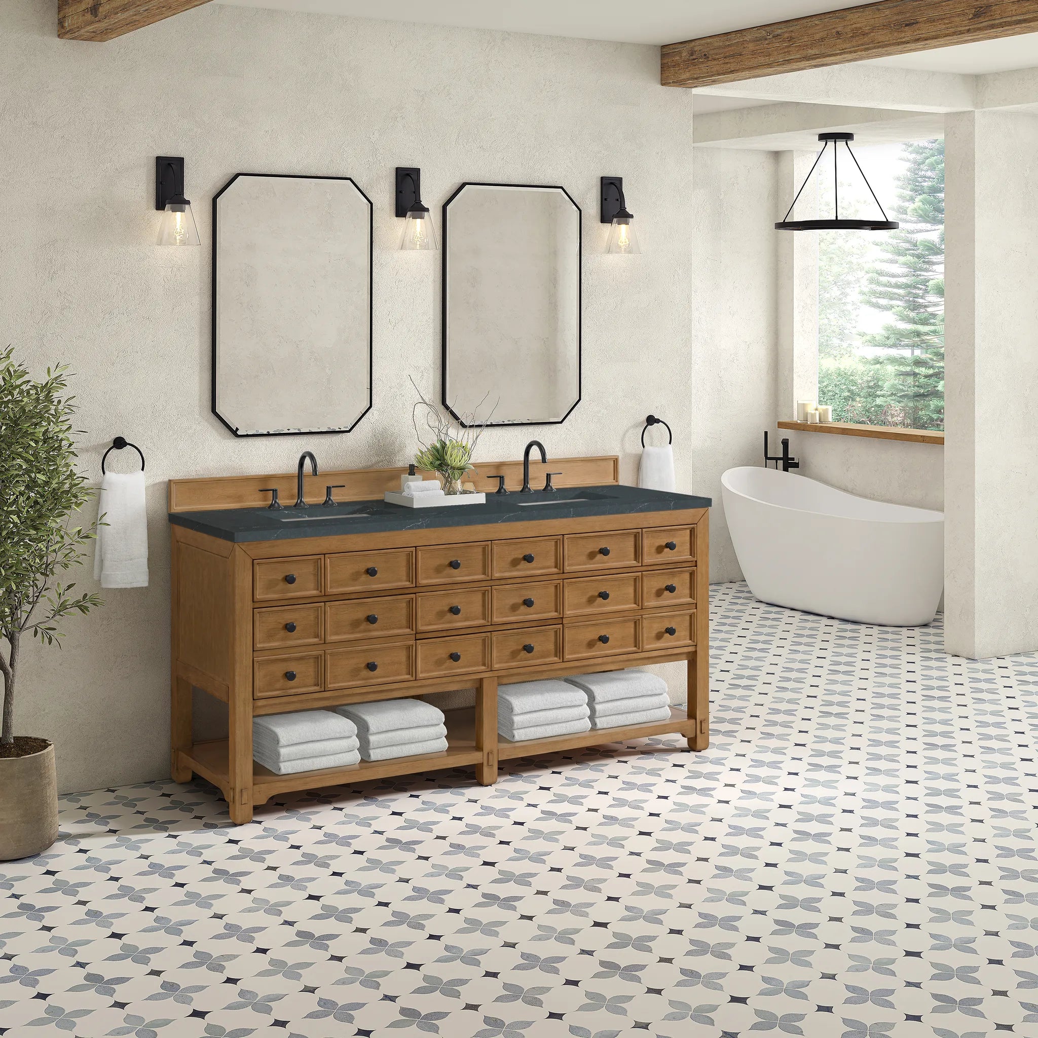 72" Malibu Double Vanity in Amber Birch-Charcoal Soapstone Silestone-8" Widespread image 3