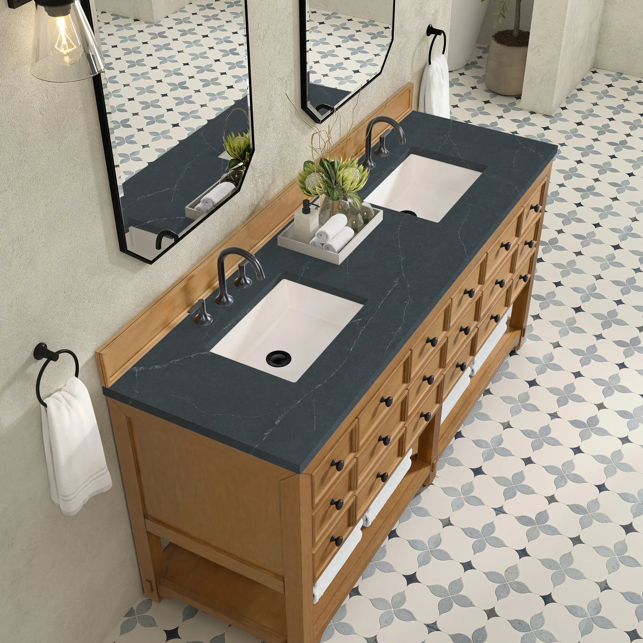 72" Malibu Double Vanity in Amber Birch-Charcoal Soapstone Silestone-8" Widespread image 6