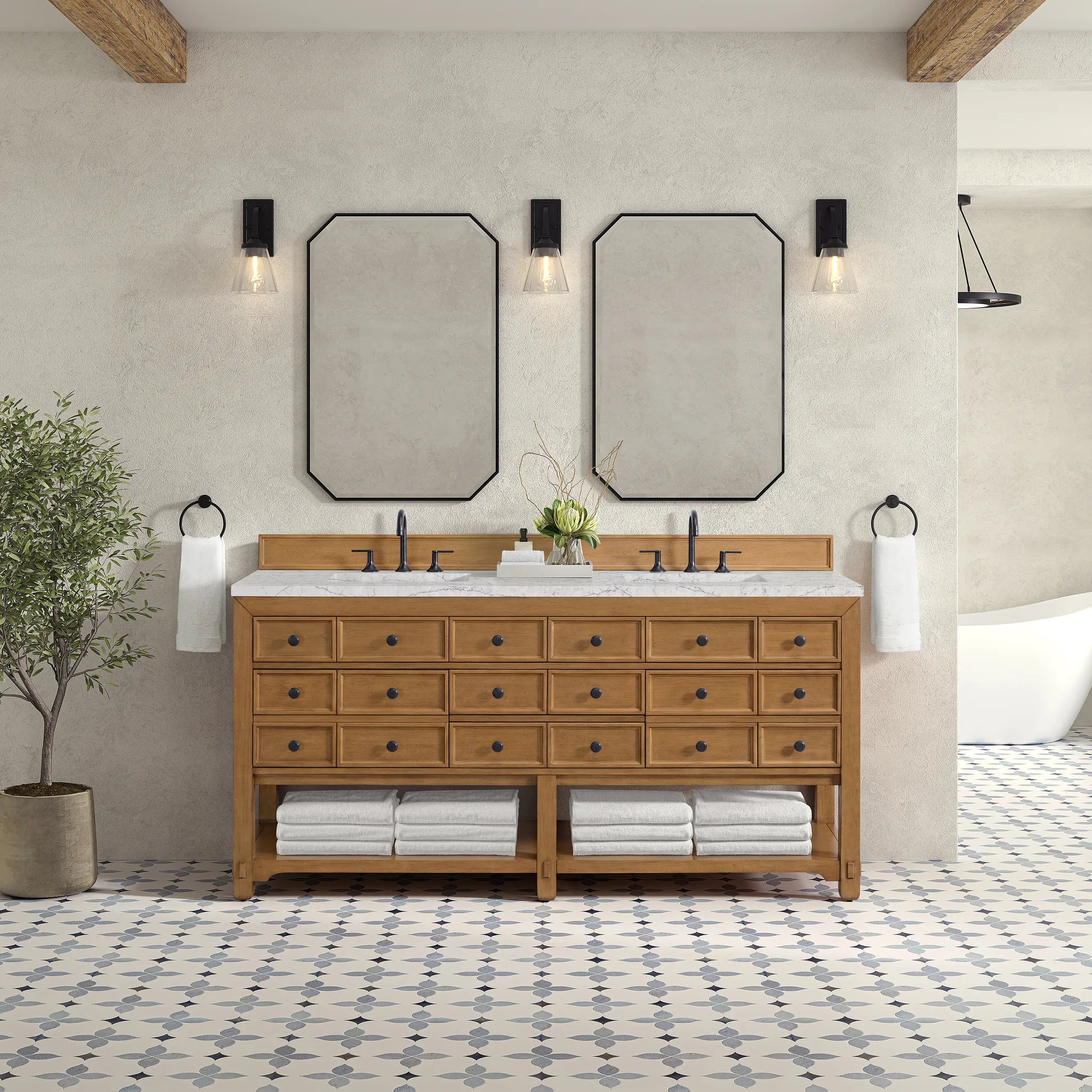72" Malibu Double Vanity in Amber Birch w/FreePower Wireless Charger-Eternal Jasmine Pearl Silestone-8" Widespread image 4