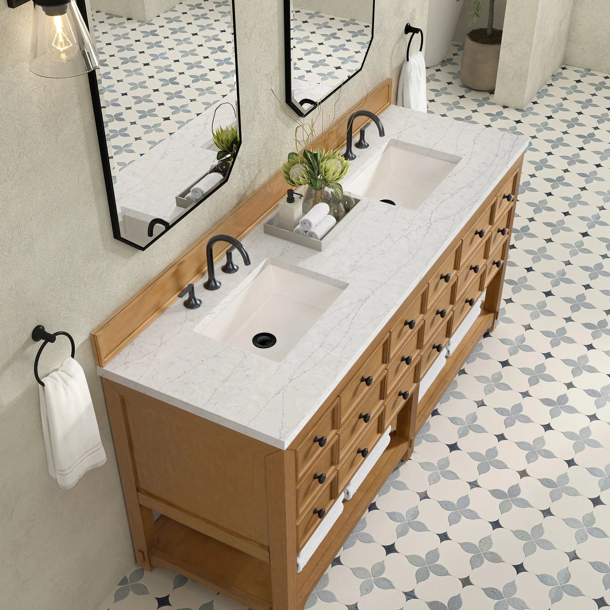 72" Malibu Double Vanity in Amber Birch w/FreePower Wireless Charger-Eternal Jasmine Pearl Silestone-8" Widespread image 8