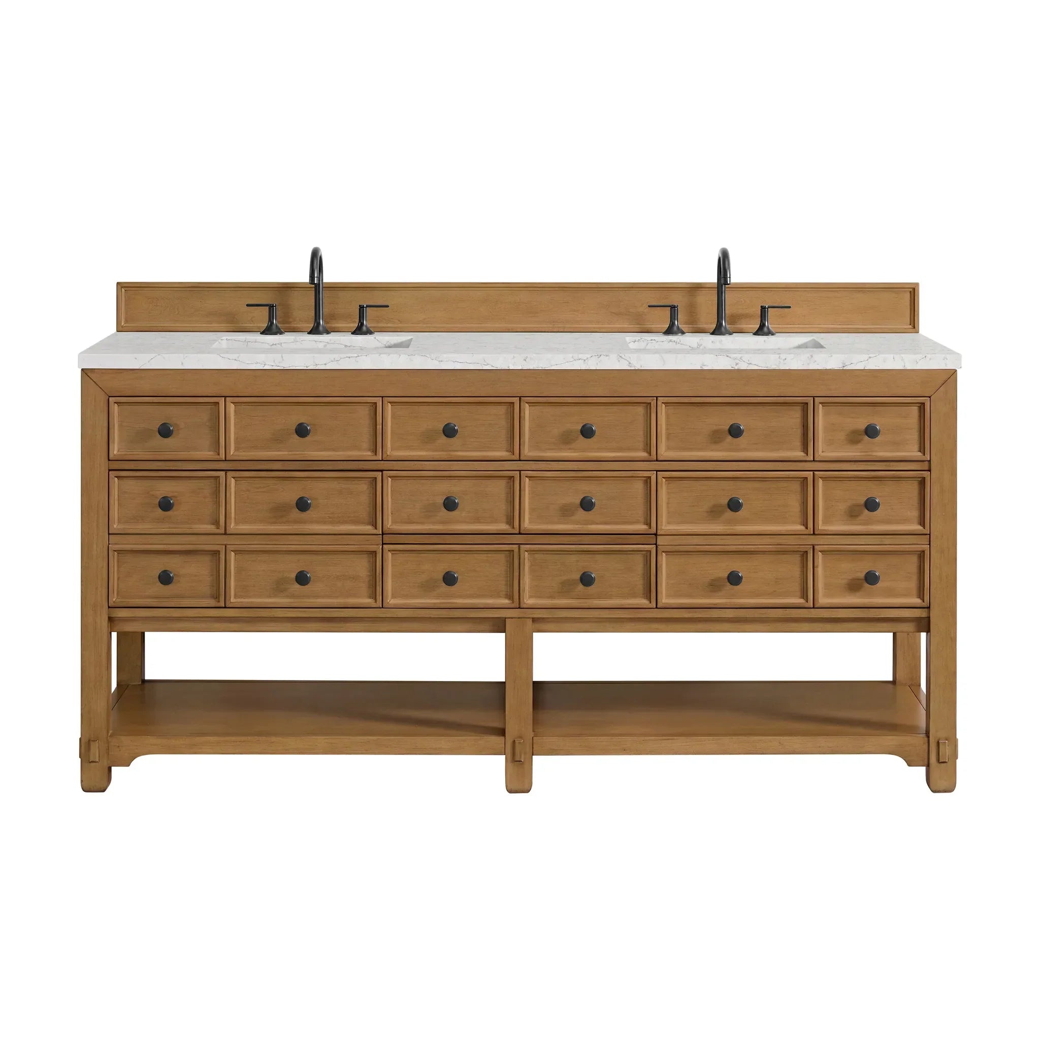 72" Malibu Double Vanity in Amber Birch w/FreePower Wireless Charger-Eternal Jasmine Pearl Silestone-8" Widespread image
