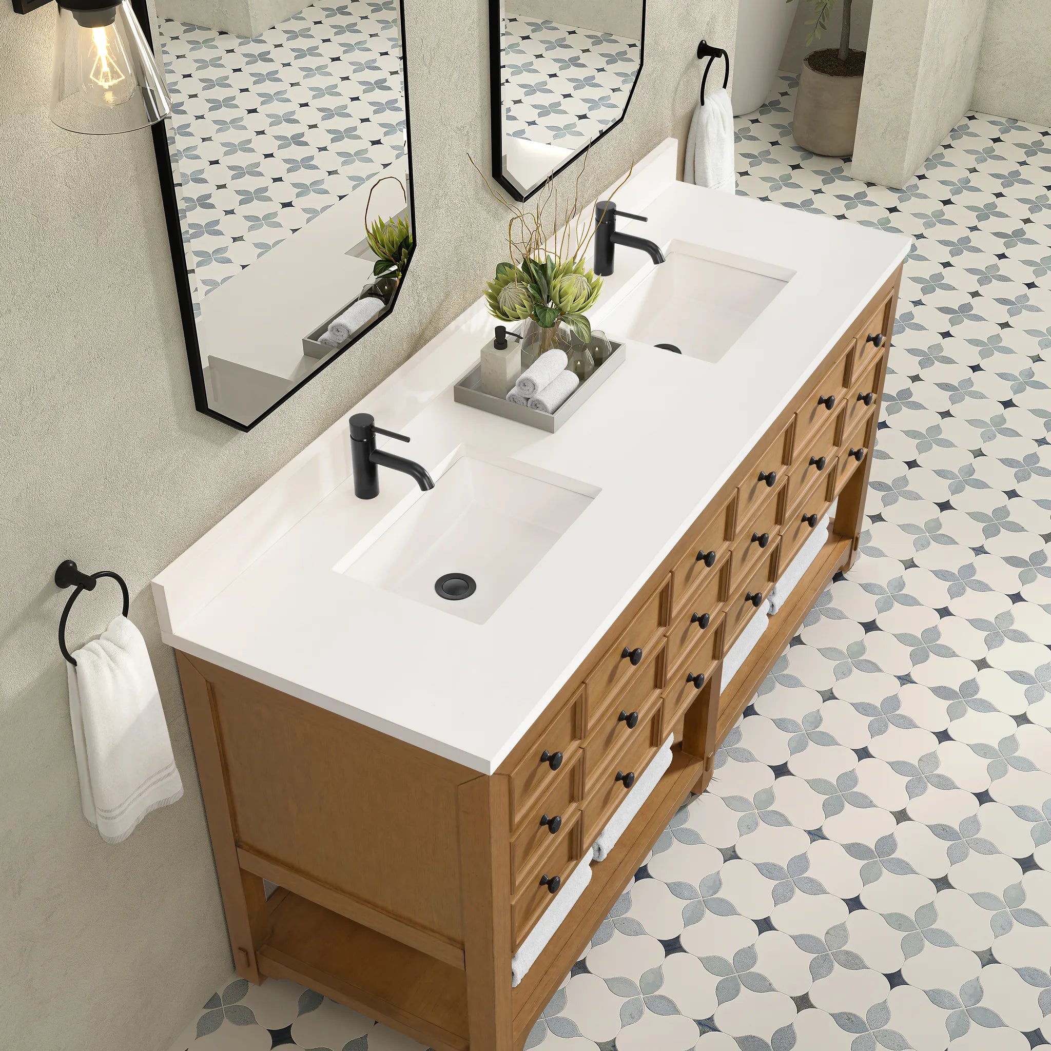 72" Malibu Double Vanity in Amber Birch-White Zeus Silestone & Backsplash-Single Hole image 6