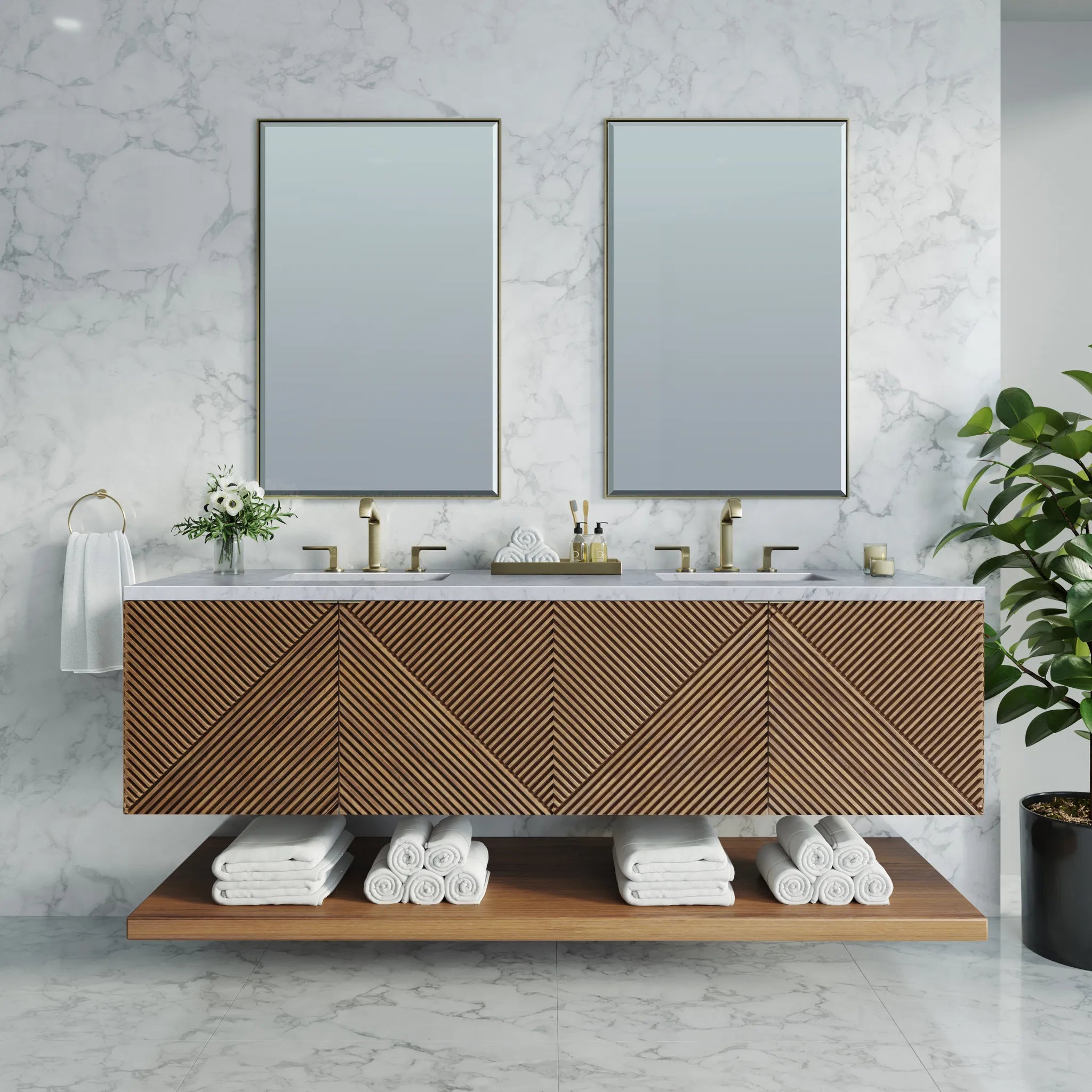 72" Marcello Double Vanity in Chestnut-Carrara White Marble-8" Widespread image 2