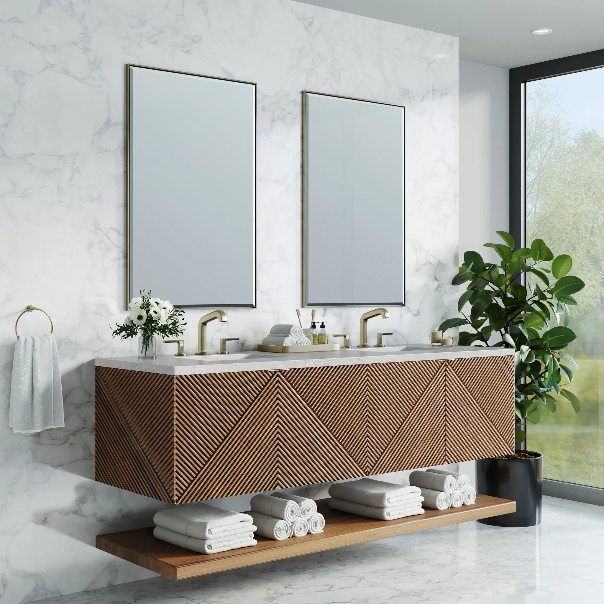 72" Marcello Double Vanity in Chestnut w/FreePower Wireless Charger-Eternal Jasmine Pearl Silestone-8" Widespread image 6
