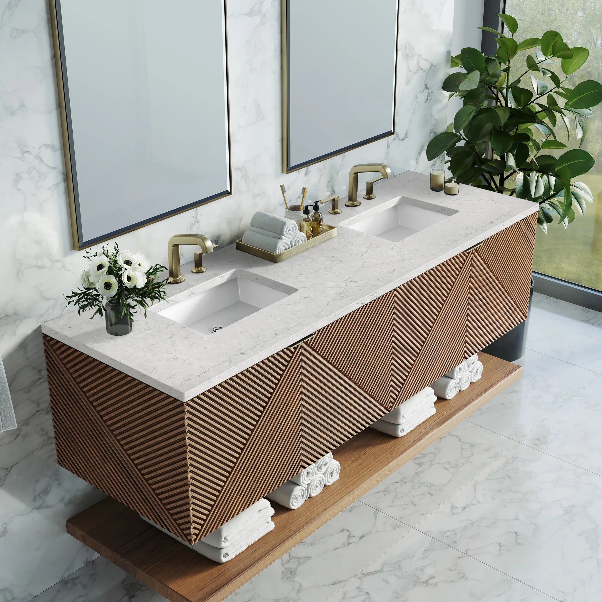 72" Marcello Double Vanity in Chestnut w/FreePower Wireless Charger-Eternal Jasmine Pearl Silestone-8" Widespread image 8