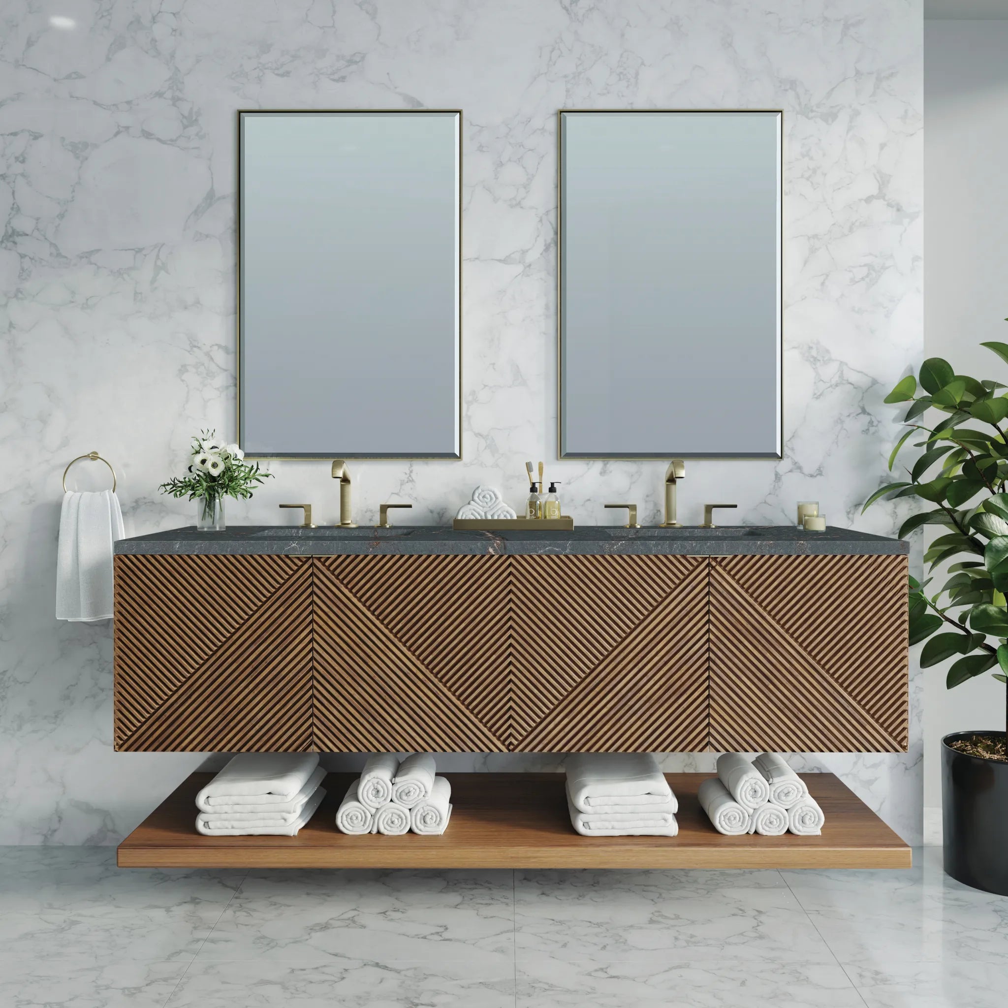 72" Marcello Double Vanity in Chestnut w/FreePower Wireless Charger-Parisien Bleu Silestone-8" Widespread image 4