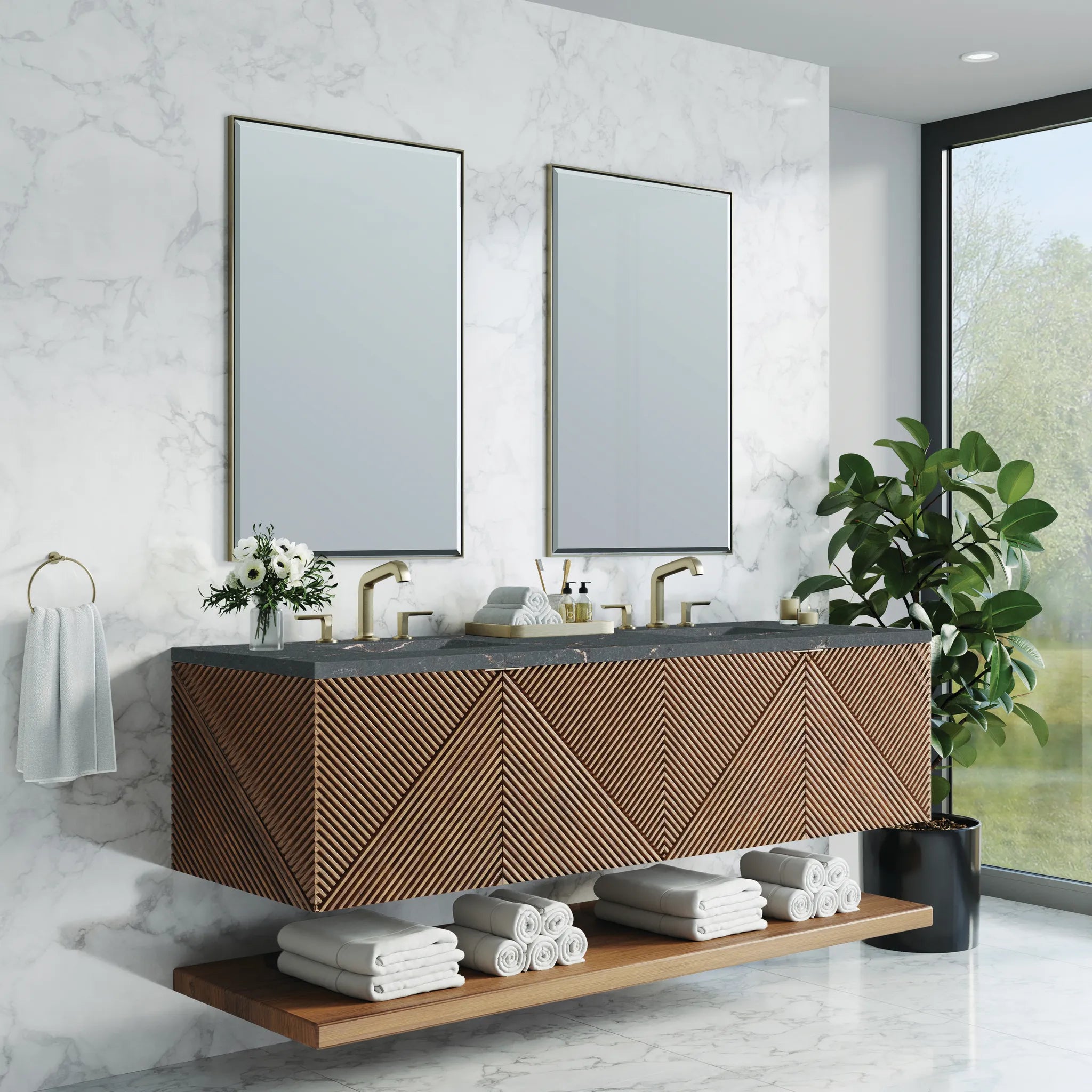 72" Marcello Double Vanity in Chestnut w/FreePower Wireless Charger-Parisien Bleu Silestone-8" Widespread image 5