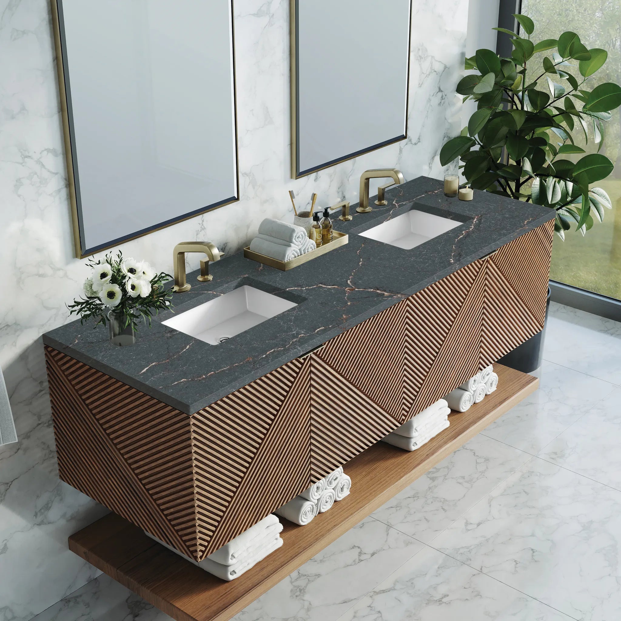 72" Marcello Double Vanity in Chestnut w/FreePower Wireless Charger-Parisien Bleu Silestone-8" Widespread image 7